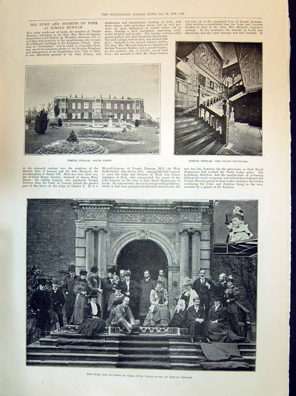 Old 1894 Temple Newsam Duke York Grand Staircase Leeds Thomas Lenty H Victorian