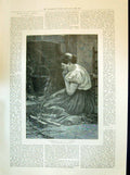 Old Antique Print 1894 Cinderella Poor Young Girl Fireside Wood Schwill 19th