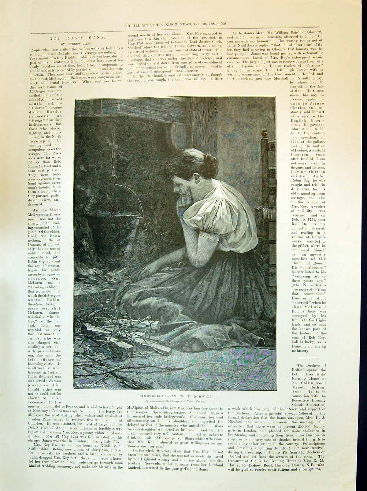 Old Antique Print 1894 Cinderella Poor Young Girl Fireside Wood Schwill 19th