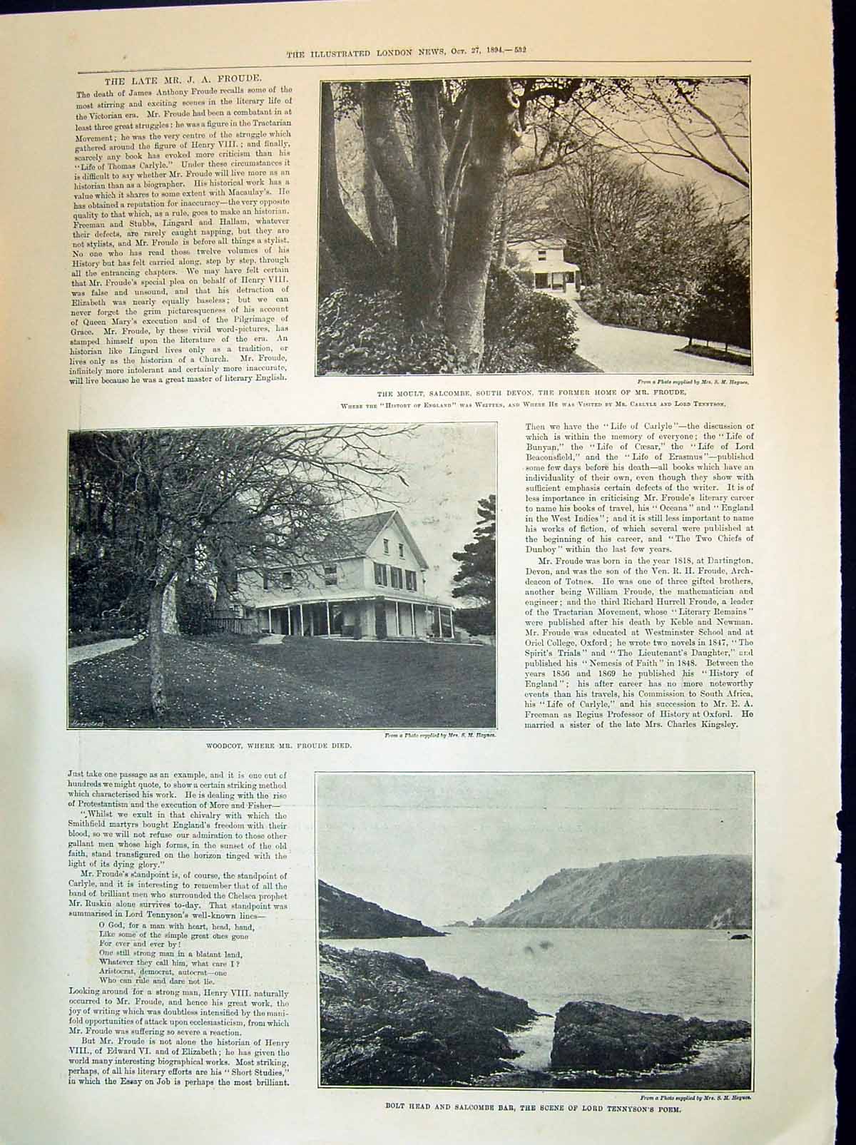 Old 1894 Moult Salcombe Devon Froude Woodcot Bolt Tennyson Jews Abrah Victorian