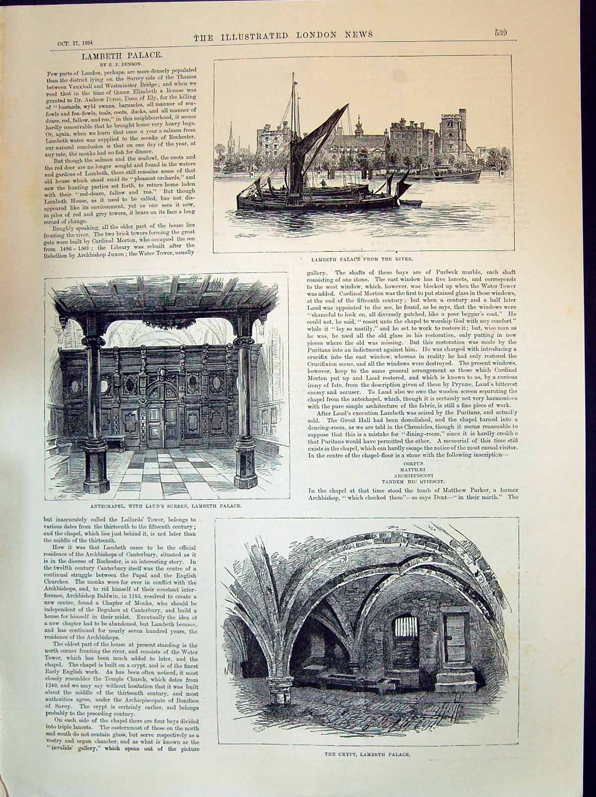 Old 1894 Lambeth Palace Crypt Antechapel Laud'S Screeen Water Tower T Victorian