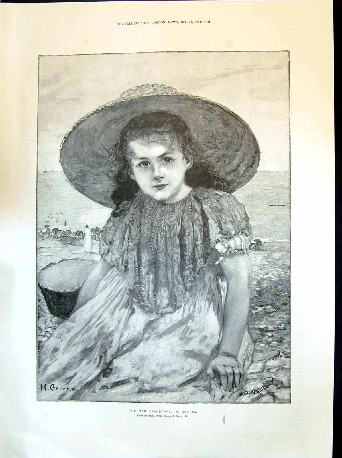 Old Antique Print 1894 Beautiful Little Girl Beach Seaside Scene Gervex 19th