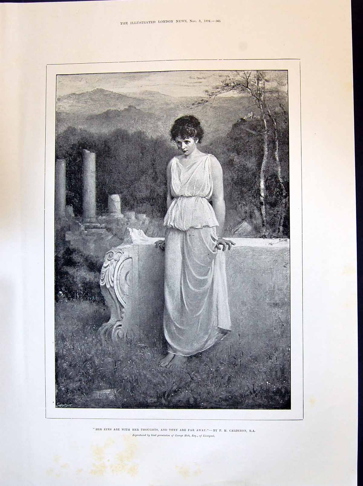 Antique Old Print 1894 Beautiful Woman Far Away Thoughts Dreaming Calderon 19th