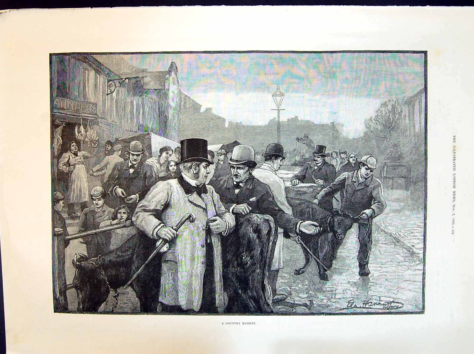 Antique Print 1894 Country Market Stree Scene Animals Auction Sale Fine Art