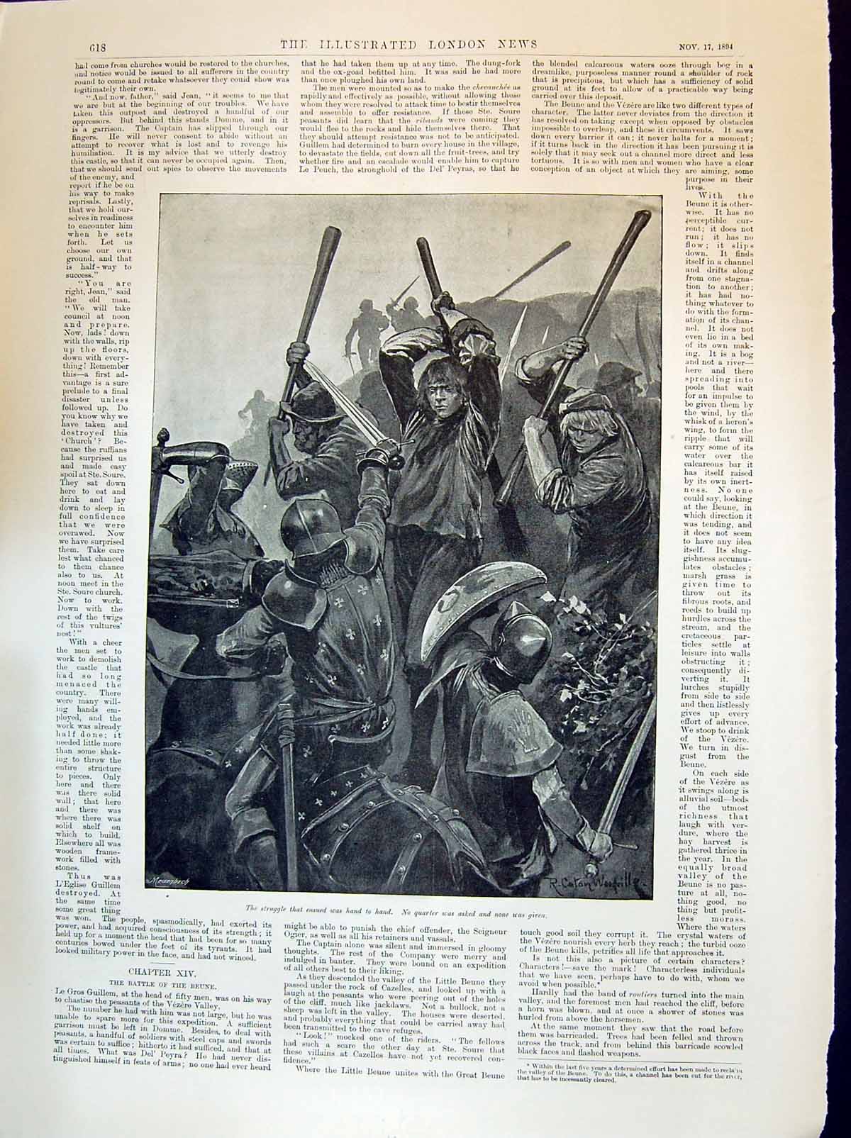Old Print 1894 Battle Beune Story Illustration Rock Dweller Baring Gould 19th