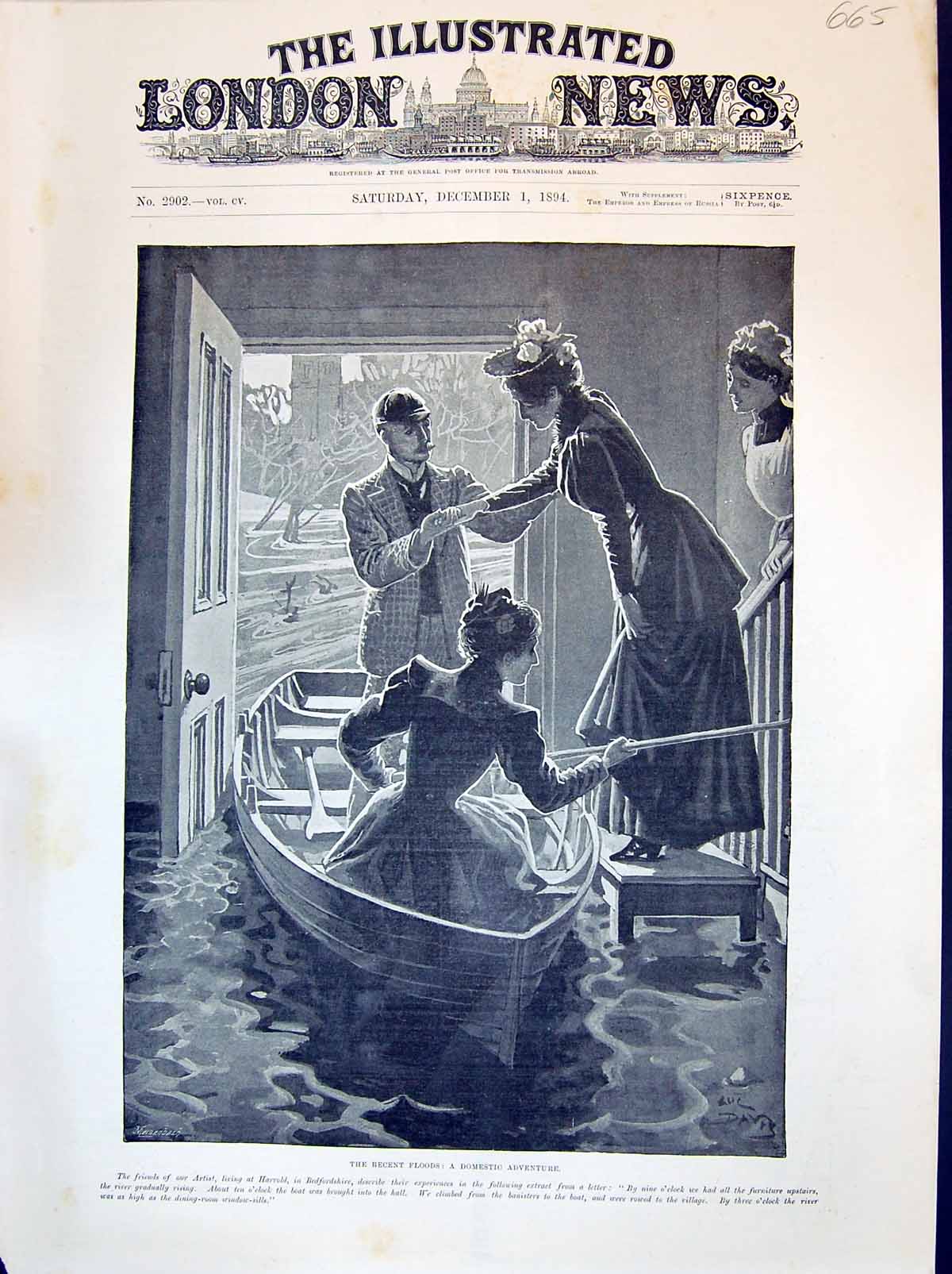 Old Antique Print 1894 Scene Floods Family Home Rescue Boat Lucien Davis 19th