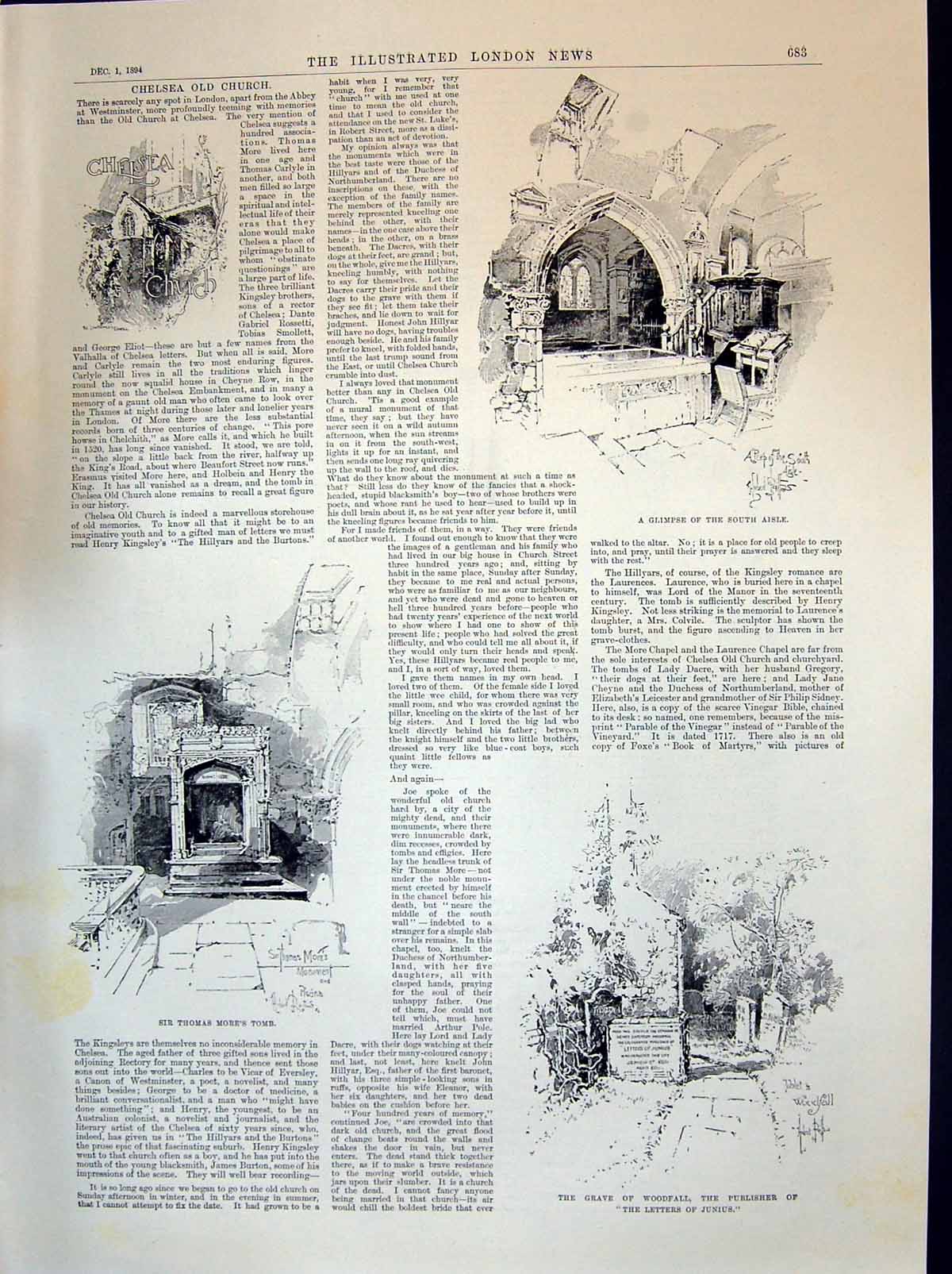 Antique Print 1894 Chelsea Church Sir Thomas More Tomb Grave Woodfall Lette