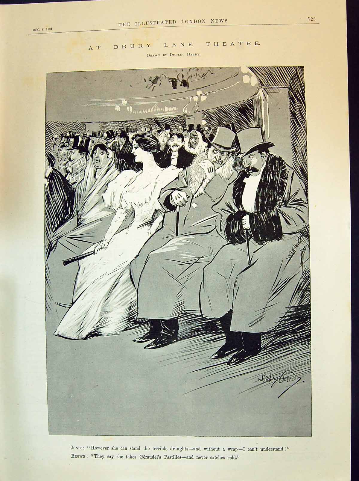 Old Print 1894 Drury Lane Theatre Audience Jones Brown Geraudel Pastilles 19th