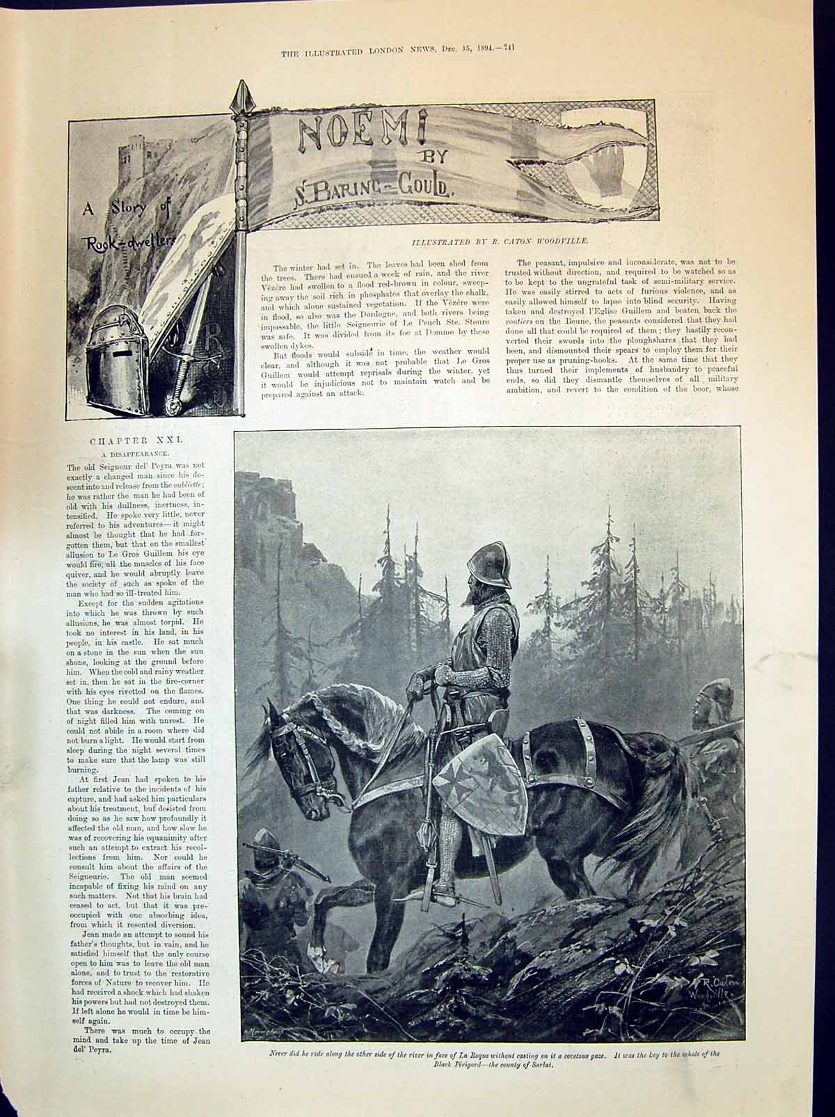 Antique Print 1894 Story Illustration Noemi Rock Dweller Knight Horse Roque