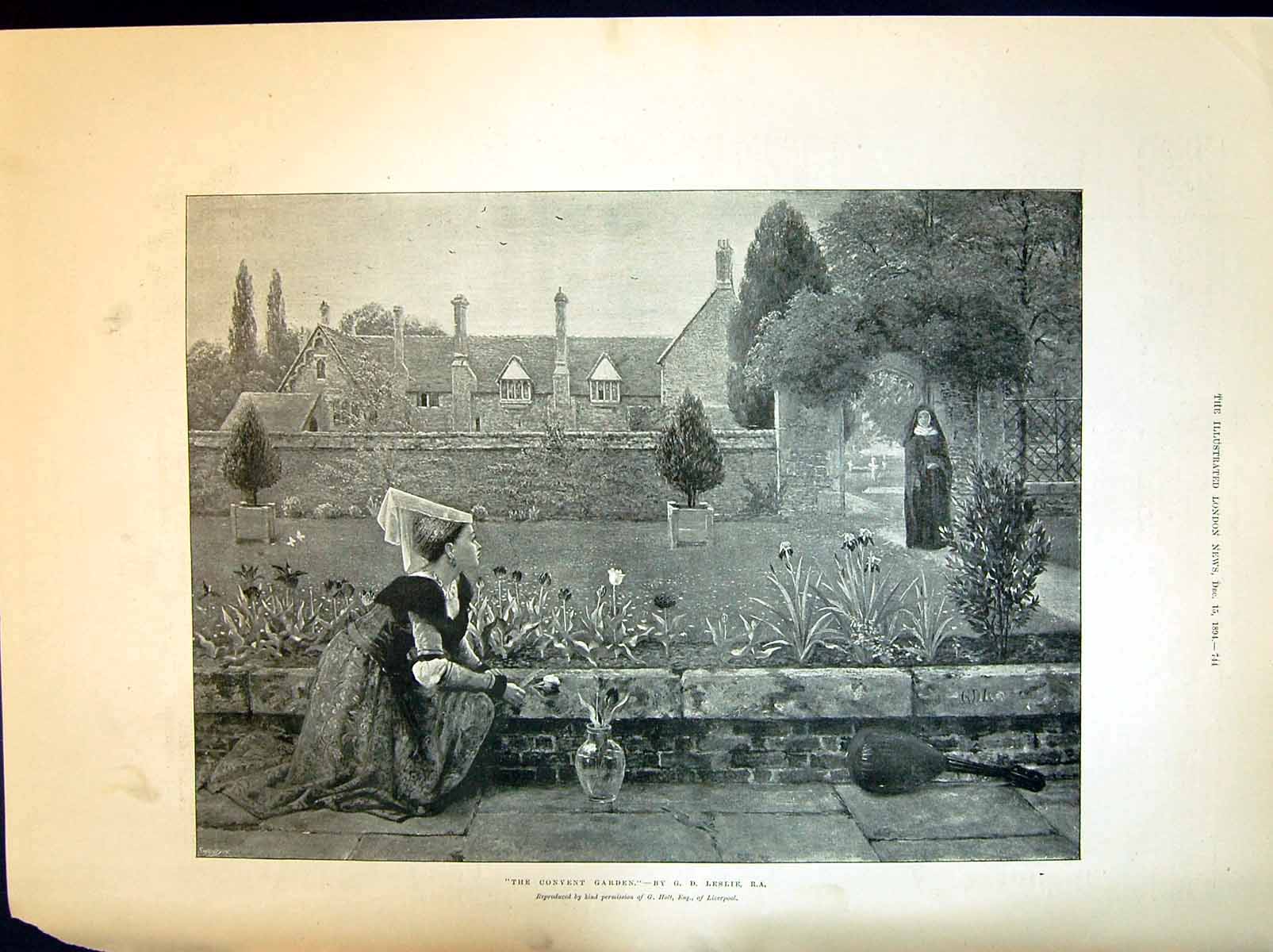 Original Old Antique Print 1894 Convent Garden Nuns Flowers Vase Leslie 19th