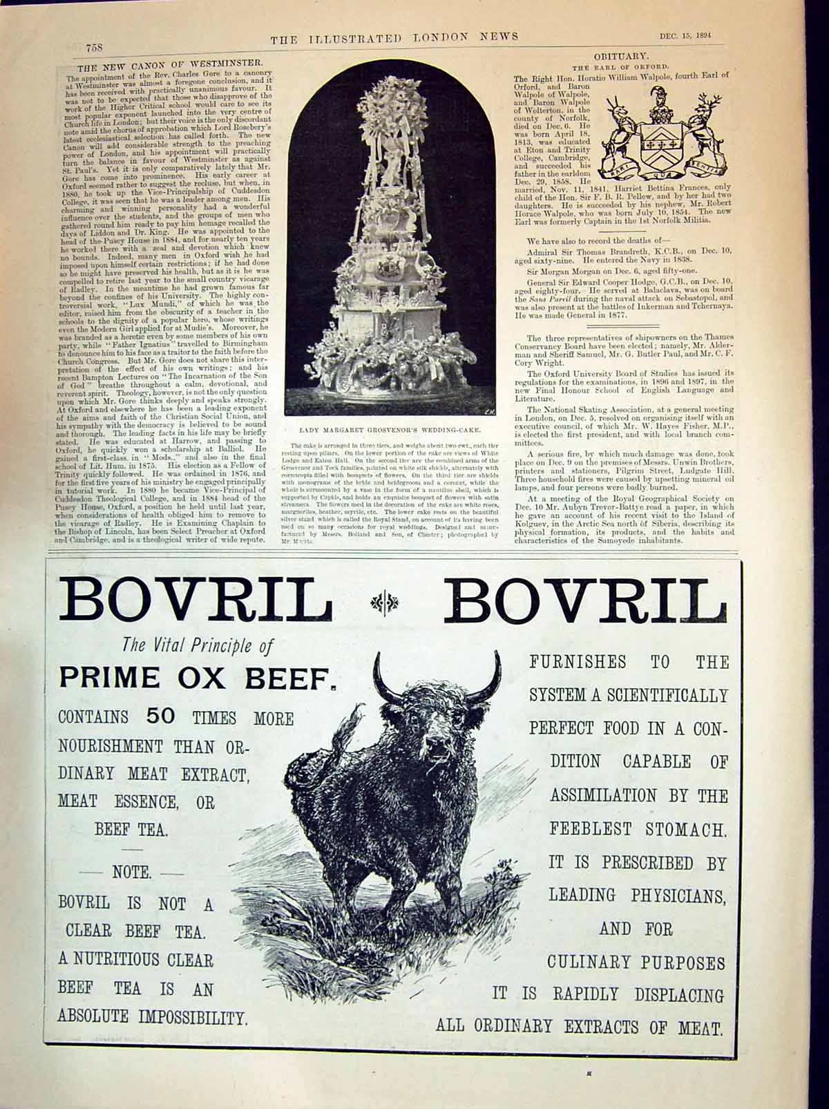 Old Print Bovril Prime Ox Beef 1894 Lady Margaret Grosvenor Wedding Cake 19th