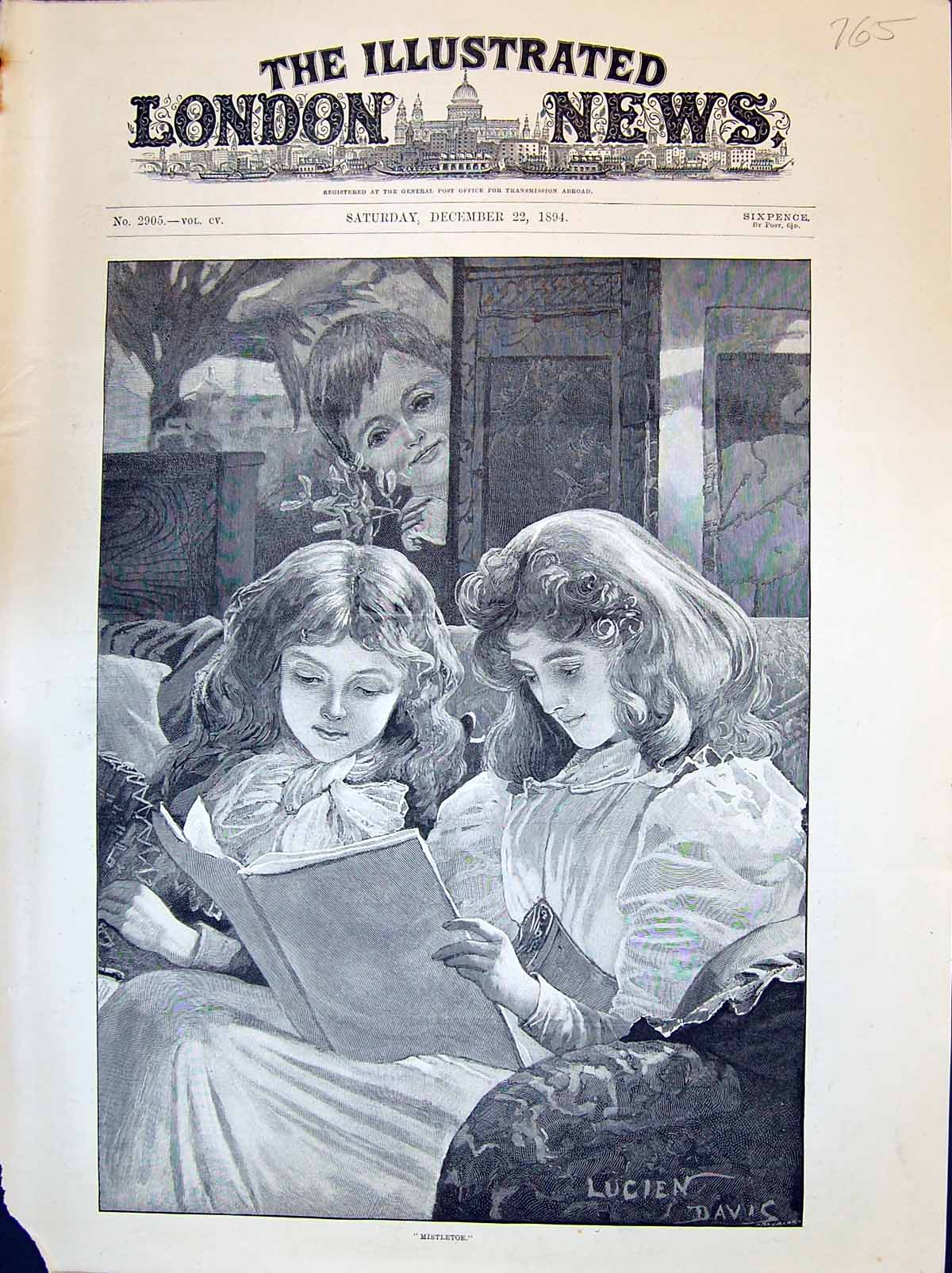 Antique Old Print 1894 Mistletoe Christmas Children Reading Book Lucien Davis