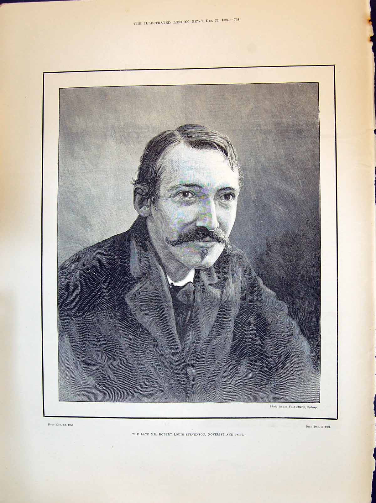 Antique Old Print 1894 Robert Louis Stevenson Novelist John Thompson Ship B 19th