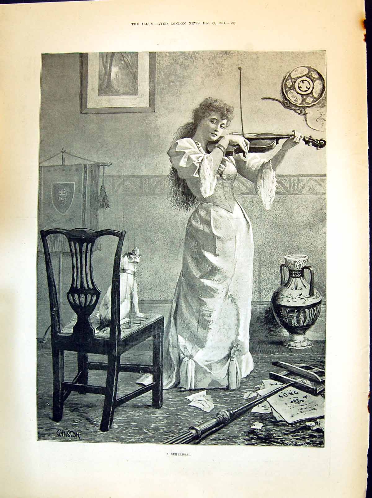 Old 1894 Lady Music Rehearsal Dog Sitting Chair Cambridge University Victorian