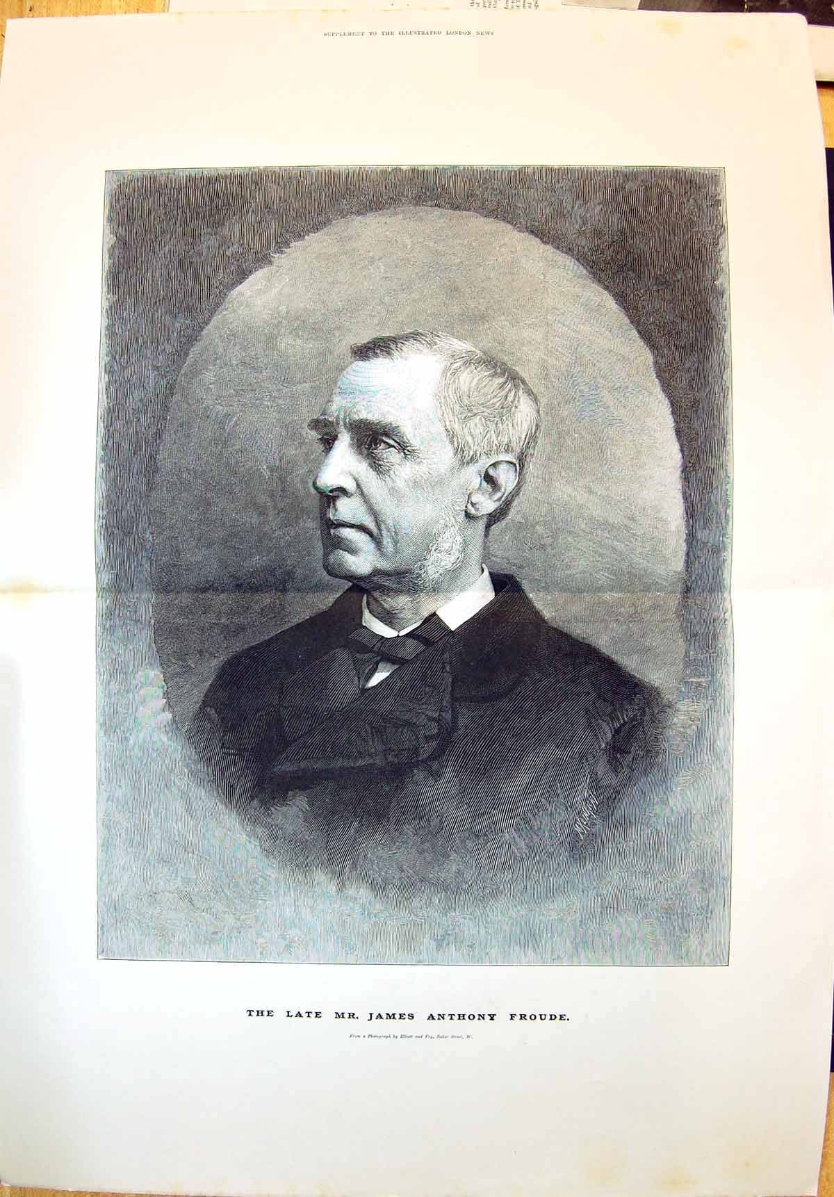 Original Old Antique Print 1894 Portrait Late Mr. James Anthony Froude 19th