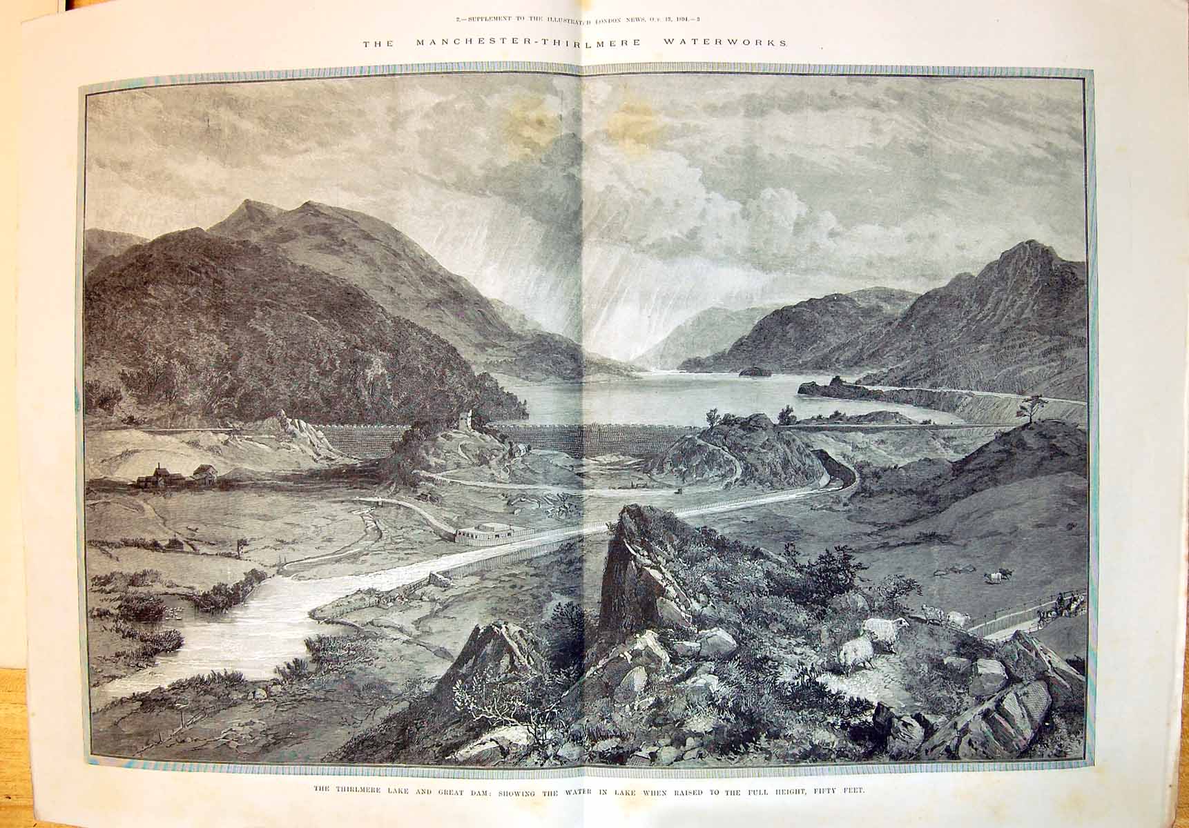 Original Old Antique Print 1894 Manchester Thirlmere Waterworks Lake Great Dam