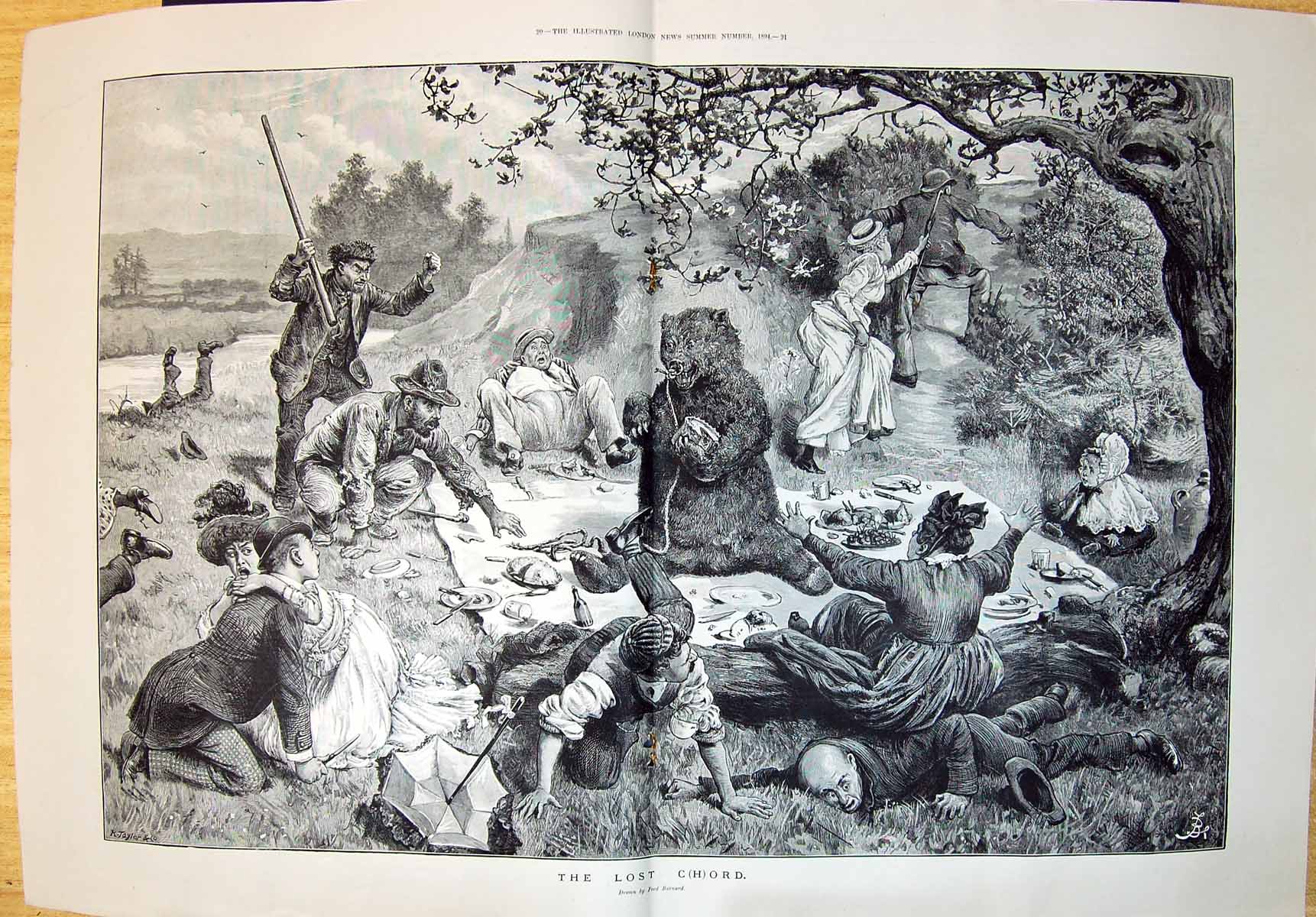 Old 1894 Lost Chord Picnic Scene Escaped Performing Bear CountrysideVictorian