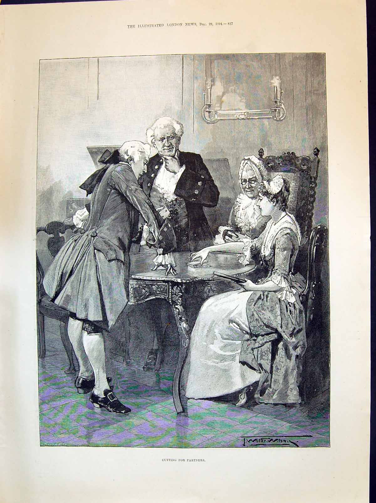 Old Print 1894 Ladies Men Cutting Cards Partners Game Table Chairs Wilson 19th