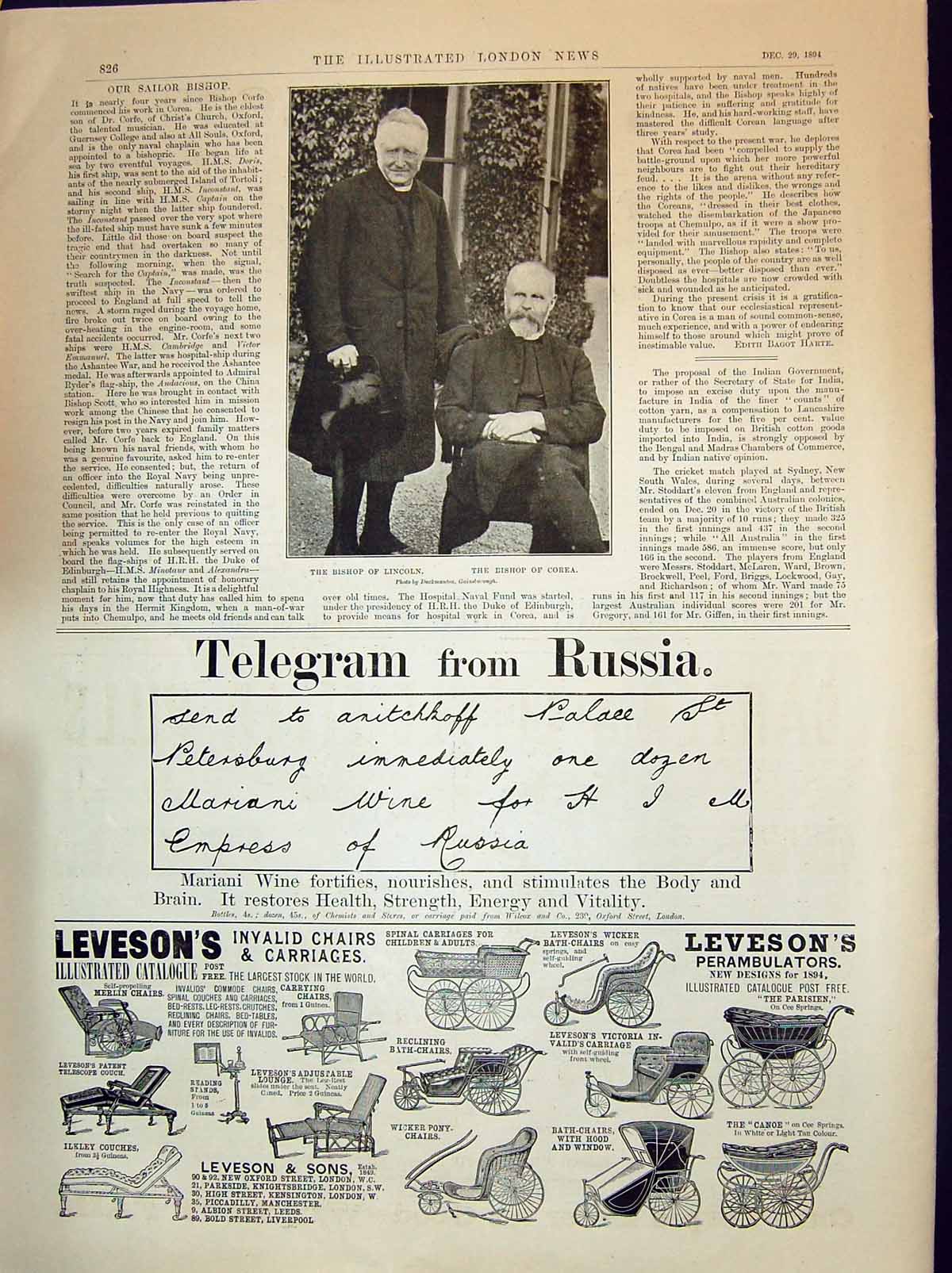 Old 1894 Bishop Lincoln Corea Advertisement Levesons Invalid Carriage Victorian