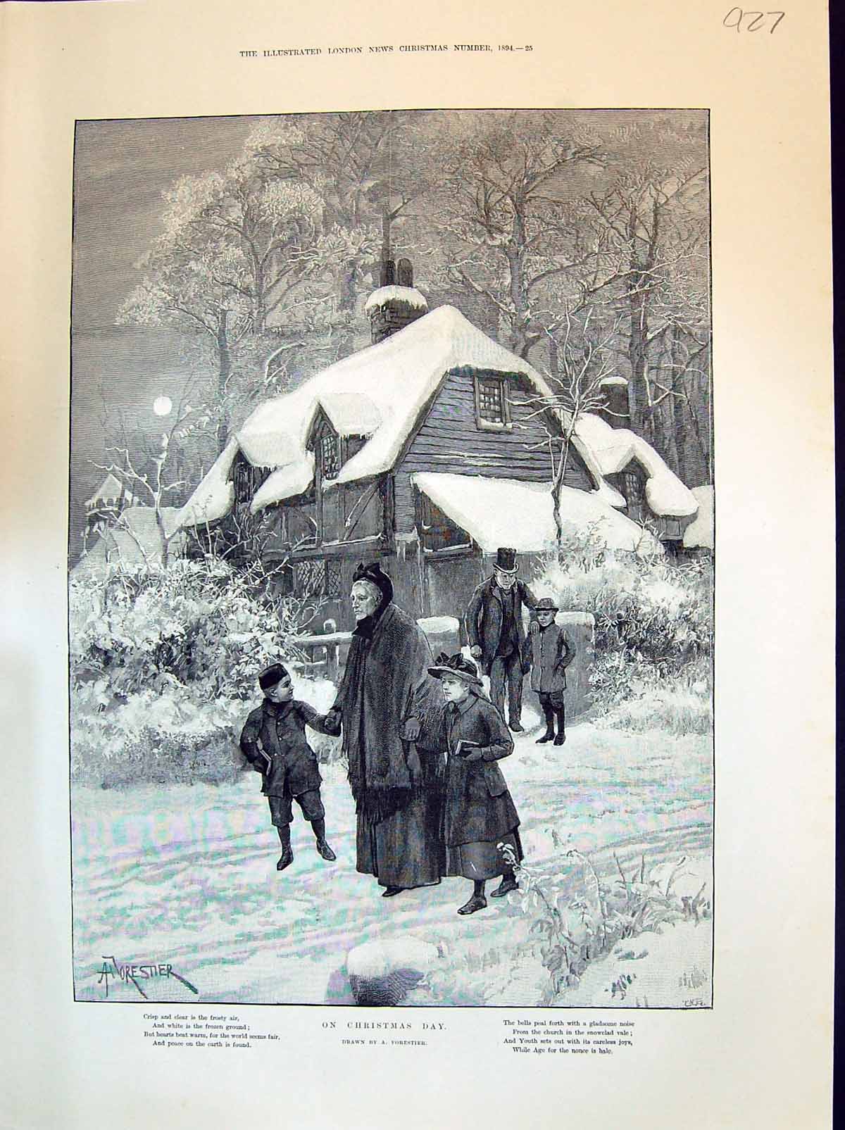 Old 1894 Christmas Day Scene Family Home Travelling Church Snow Fores Victorian