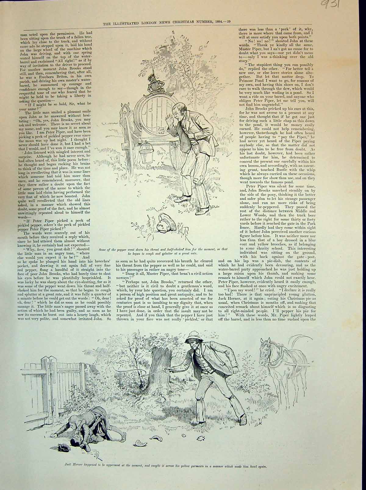 Antique Old Print 1894 Jack Horner Fighting Children Lady Countryside Scene