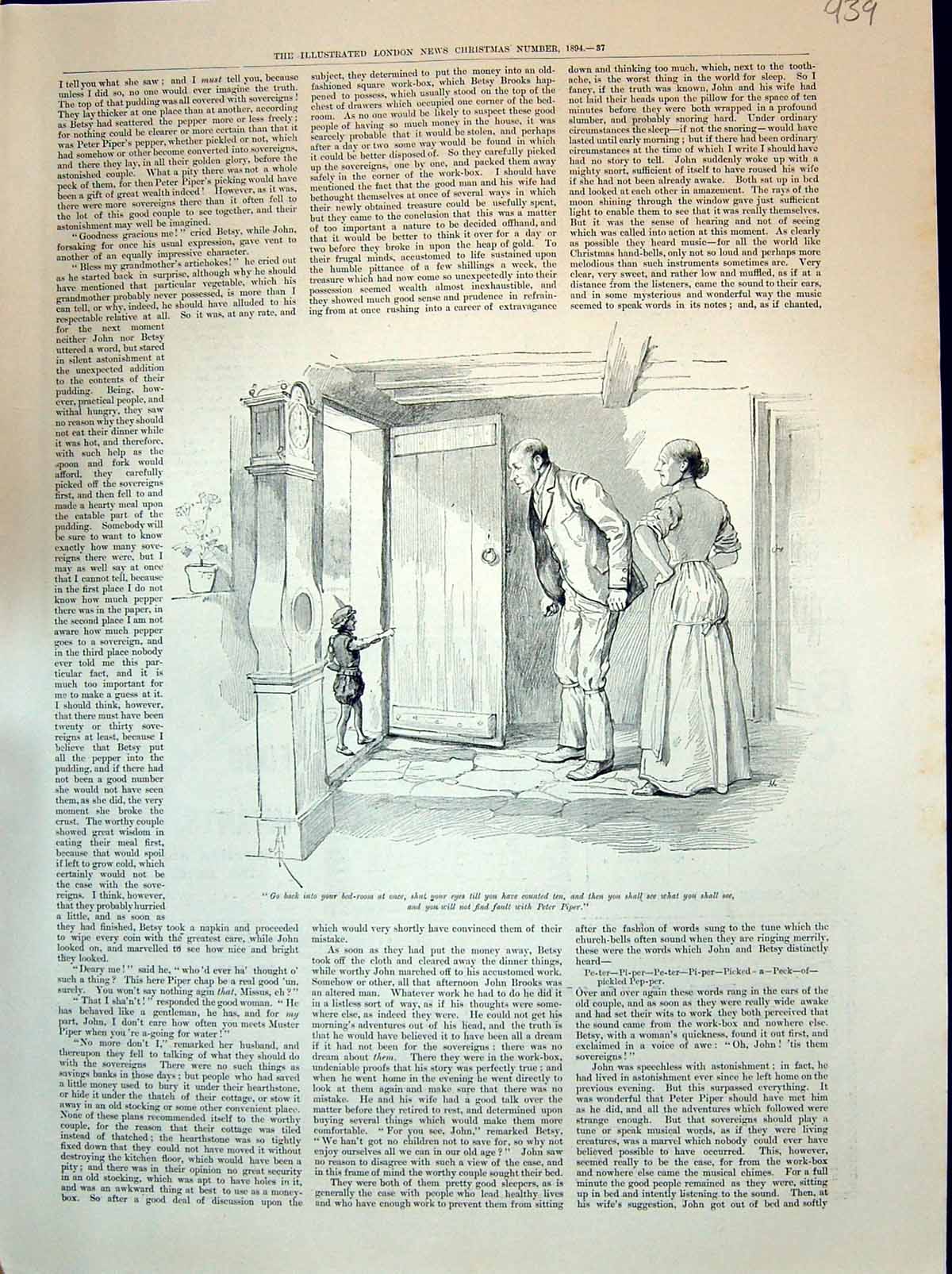 Old Print Illustration Story Peter Piper Man Woman House Door Scene 1894 19th