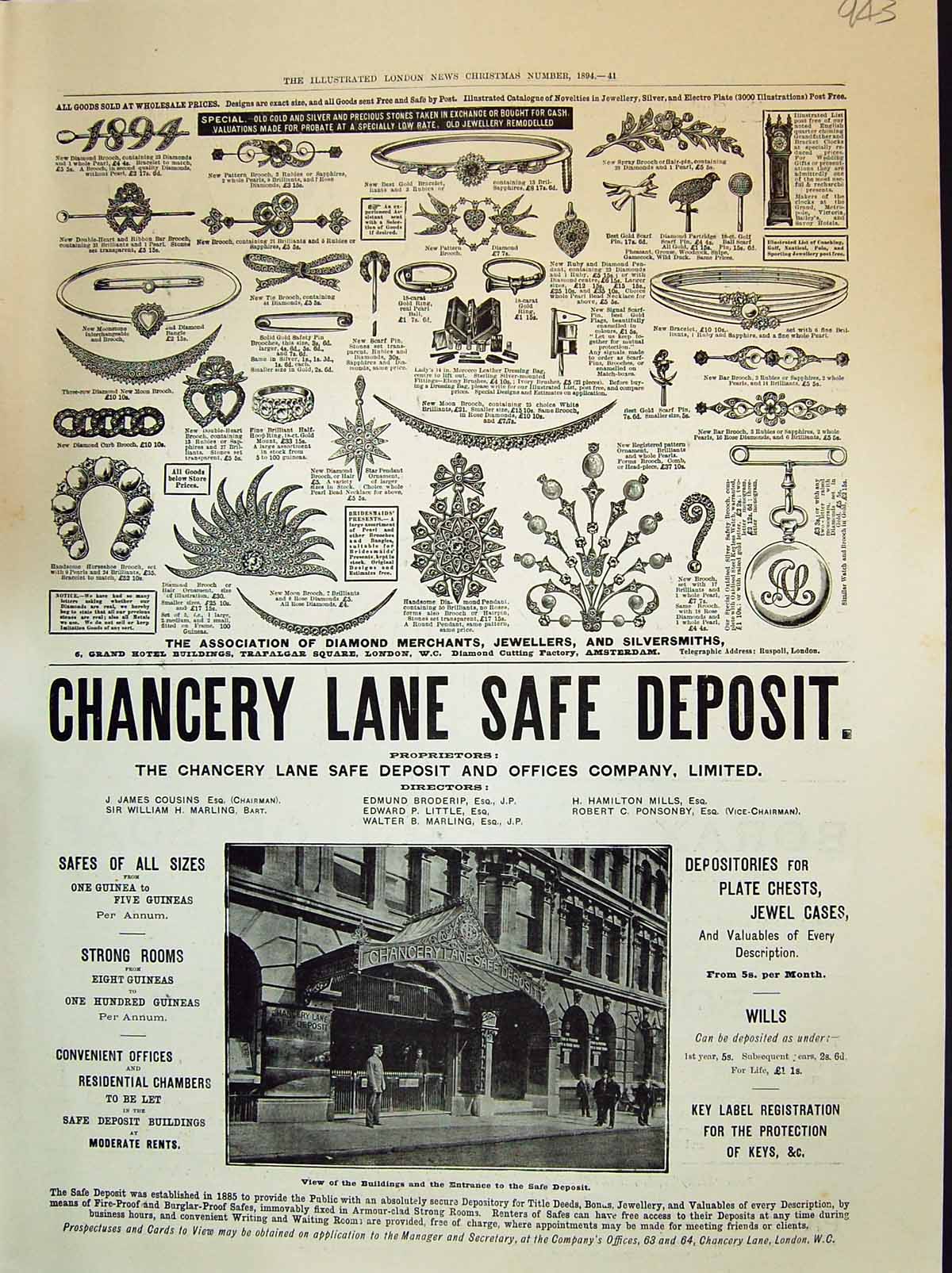 Antique Print Diamond Jewellers Silversmith Chancery Lane Safe Deposit 1894
