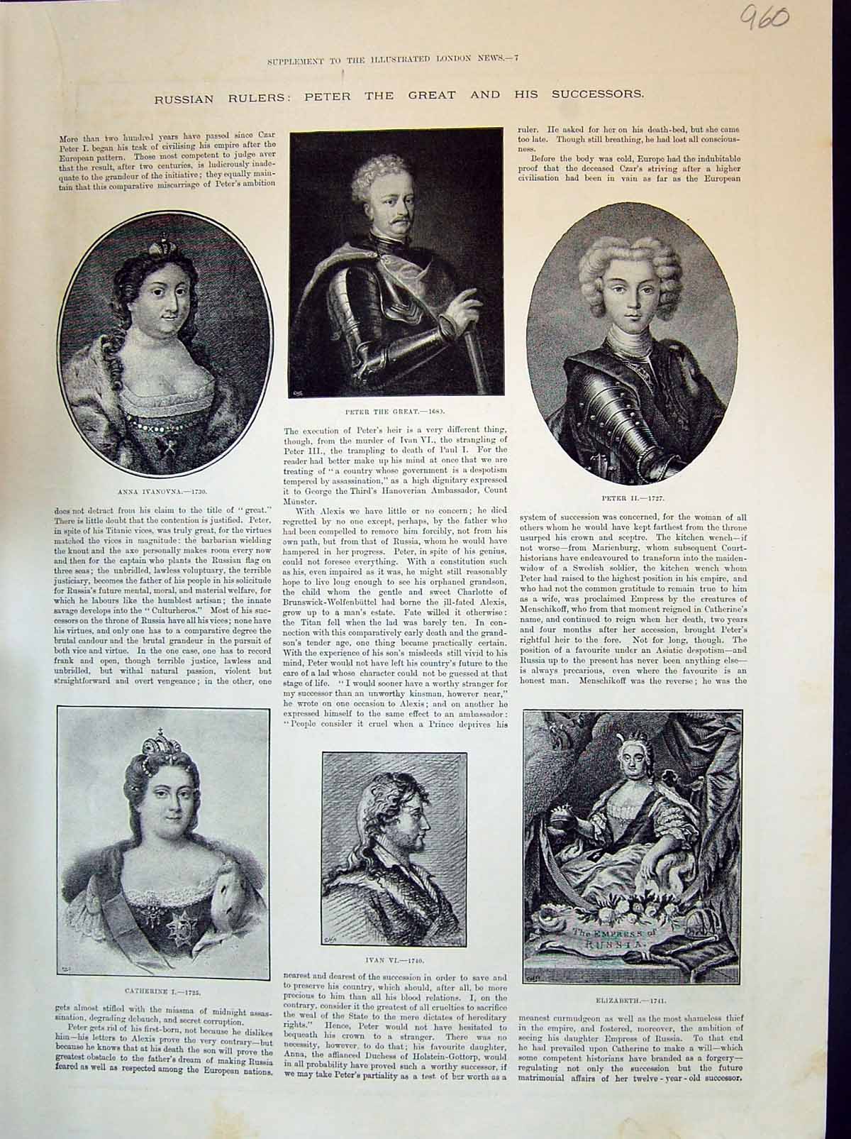 Old 1894 Russian Rulers Anna Ivanovna Peter Ivan Catherine Elizabeth Victorian