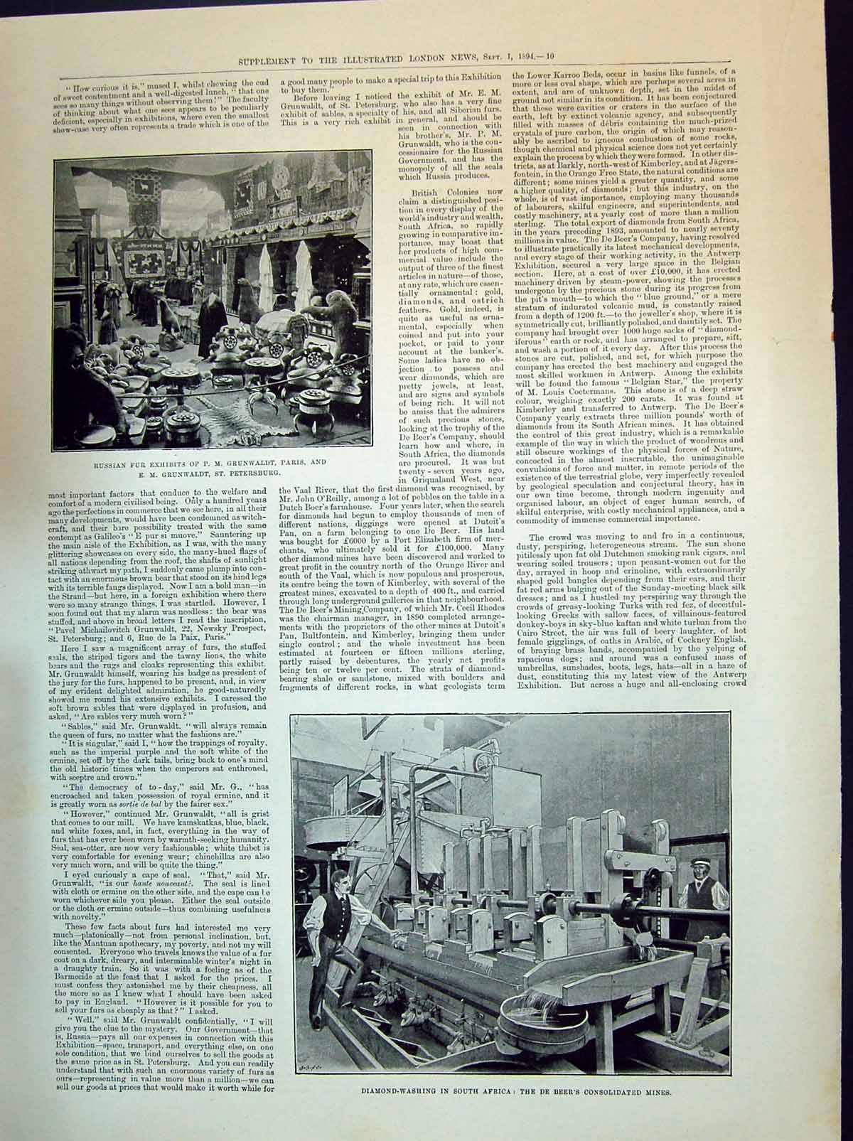 Old 1894 Russian Fur Exhibits Grunwaldt Paris Diamond Washing Africa Victorian
