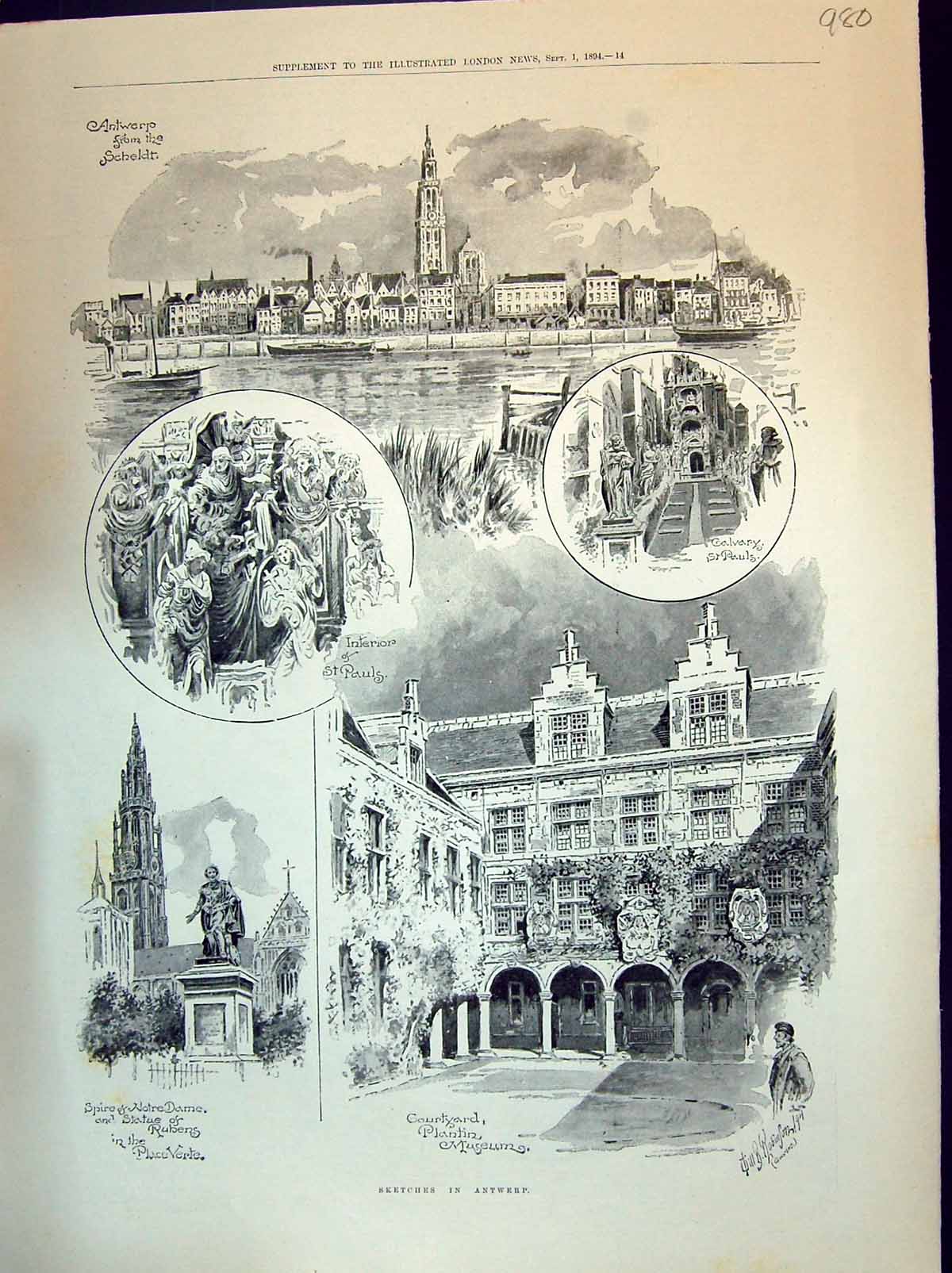 Old 1894 Antwerp Plantin Museum St. Paul'S Notre Dame Scheldt Hatfiel Victorian