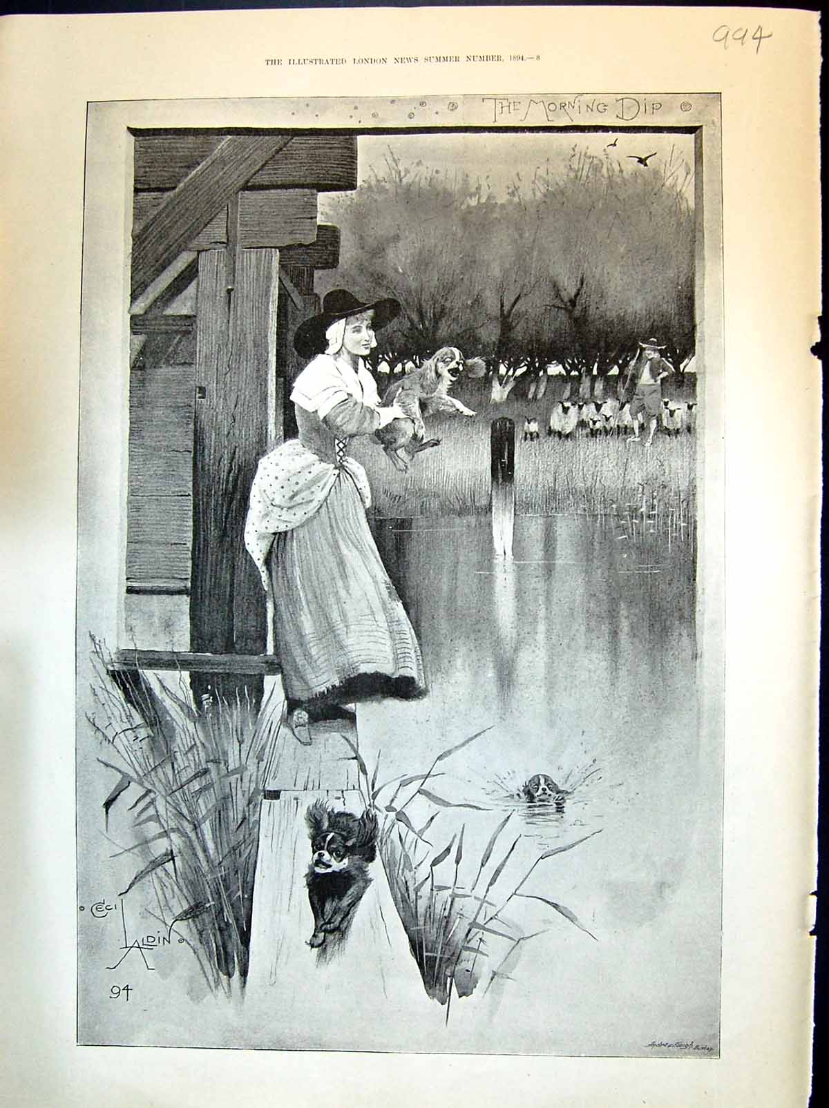 Old 1894 Morning Dip Lady Dogs River Shepherd Sheep Romance Garden Sc Victorian