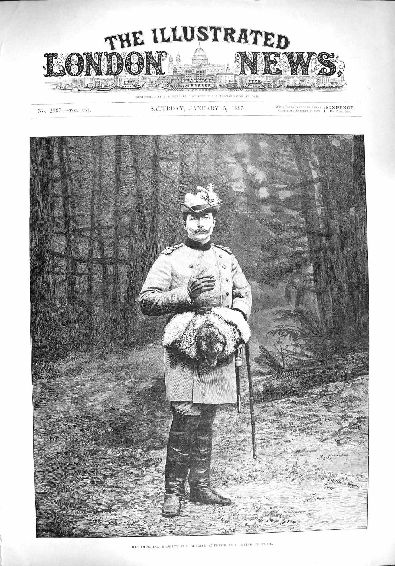 Original Old Antique Print 1895 Imperial Majesty German Emperor Hunting Costume