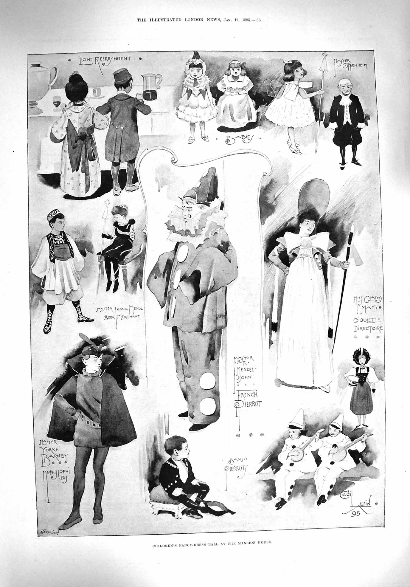 Original Old Antique Print 1895 Children Fancy Dress Ball Mansion House Pierrot