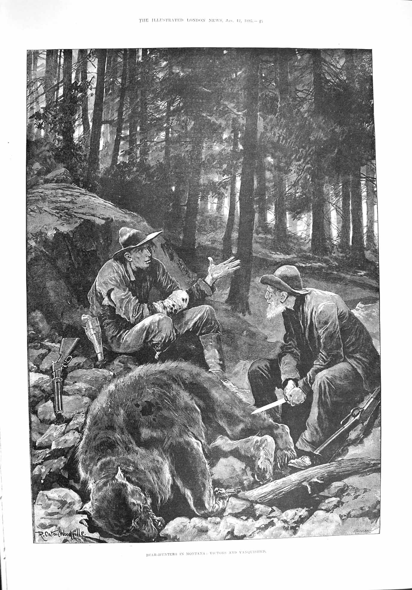 Original Old Antique Print 1895 Bear Hunting Montana Hunters Sport Woodville