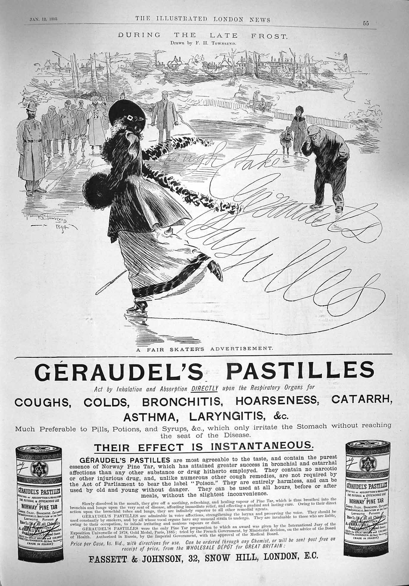 Original Old Antique Print 1895 Advertisement Geraudels Pastille Ice Skating