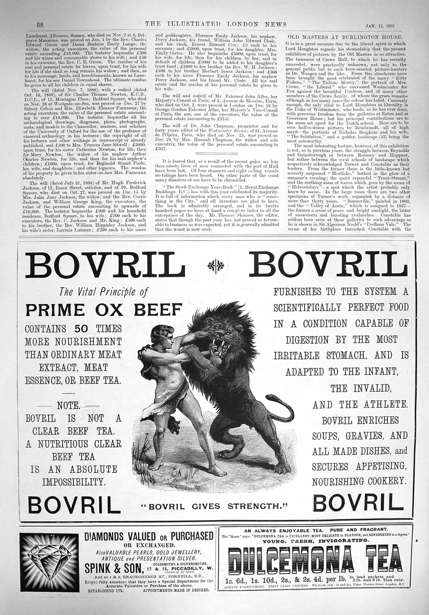 Old Antique Print 1895 Advertisement Bovril Diamonds Spink Dulcemona Tea 19th