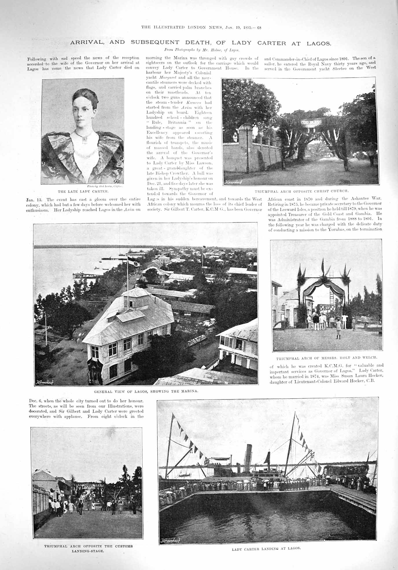Original Old Antique Print 1894 Lady Carter Lagos Ship Arch Holt Welch Seeley