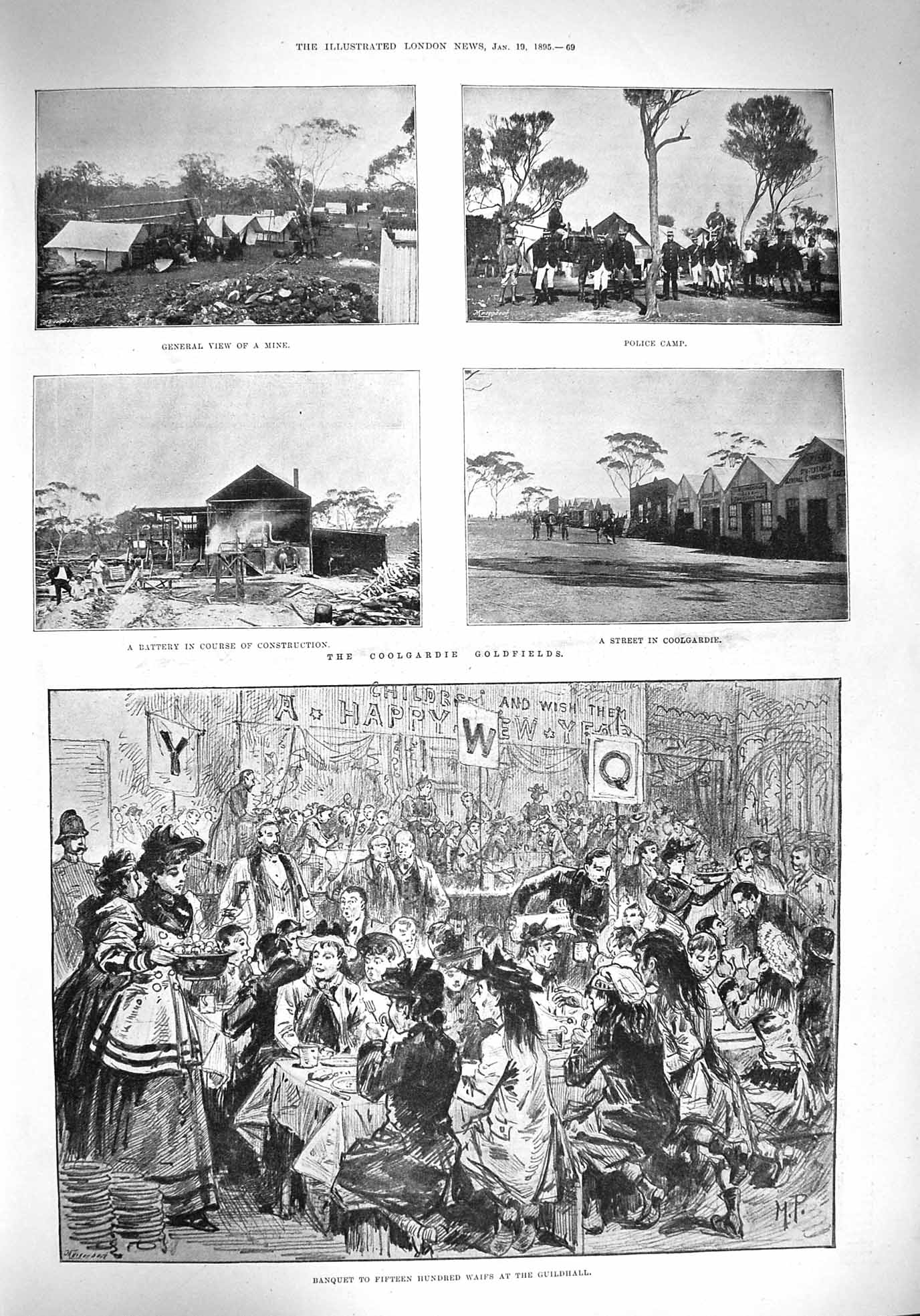 Original Old Antique Print 1894 Coolgardie Gfields Banquet Guildhall Waifs 19th