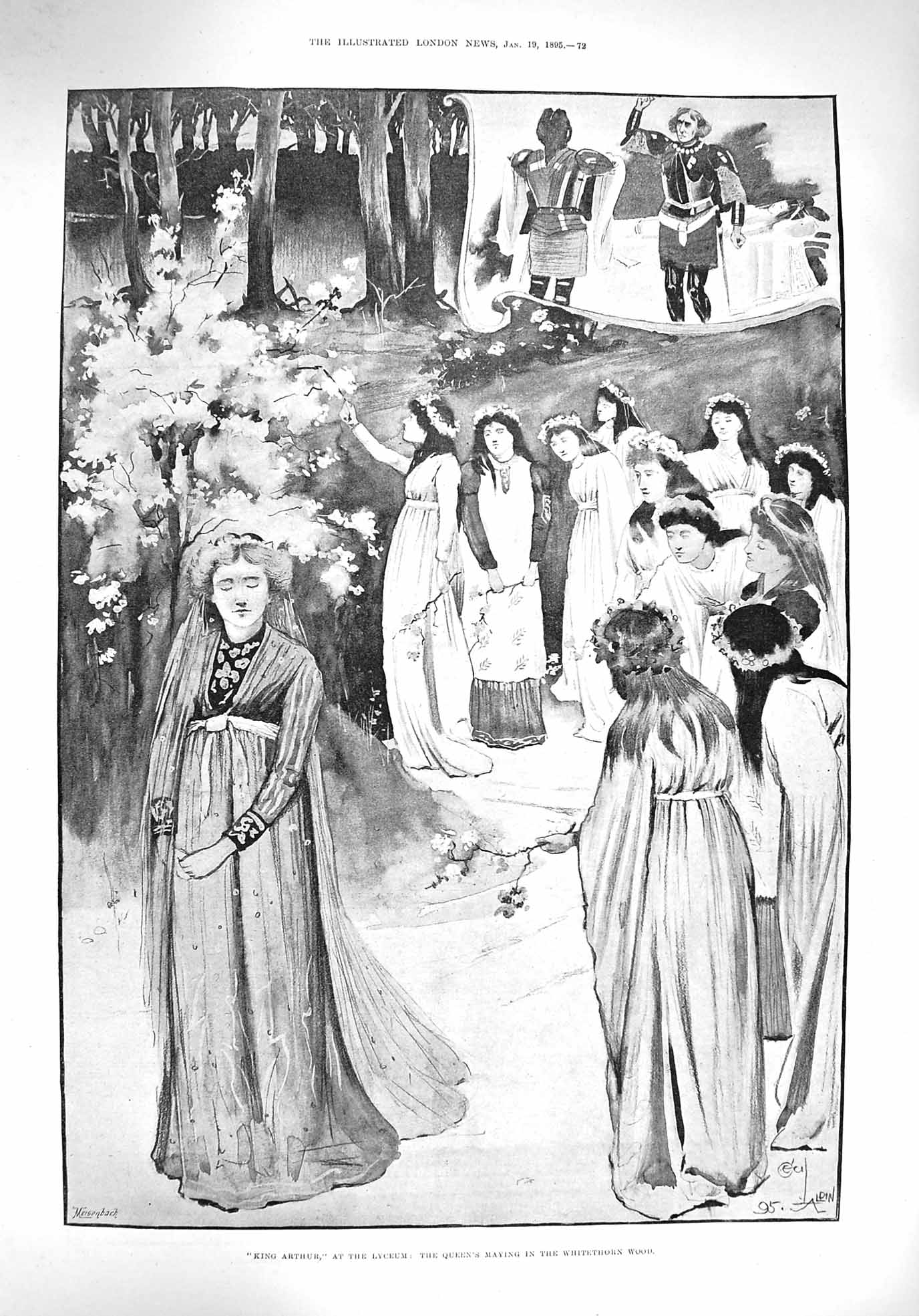 Original Old Antique Print 1895 King Arthur Lyceum Theatre Queen Maying Whi 19th