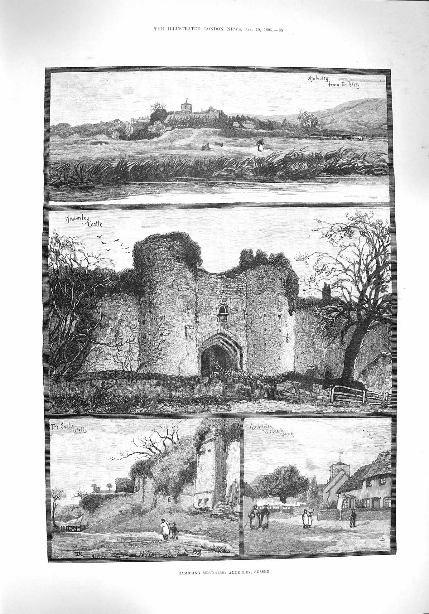 Original Old Antique Print 1895 Amberley Sussex Castle Walls Village Victorian