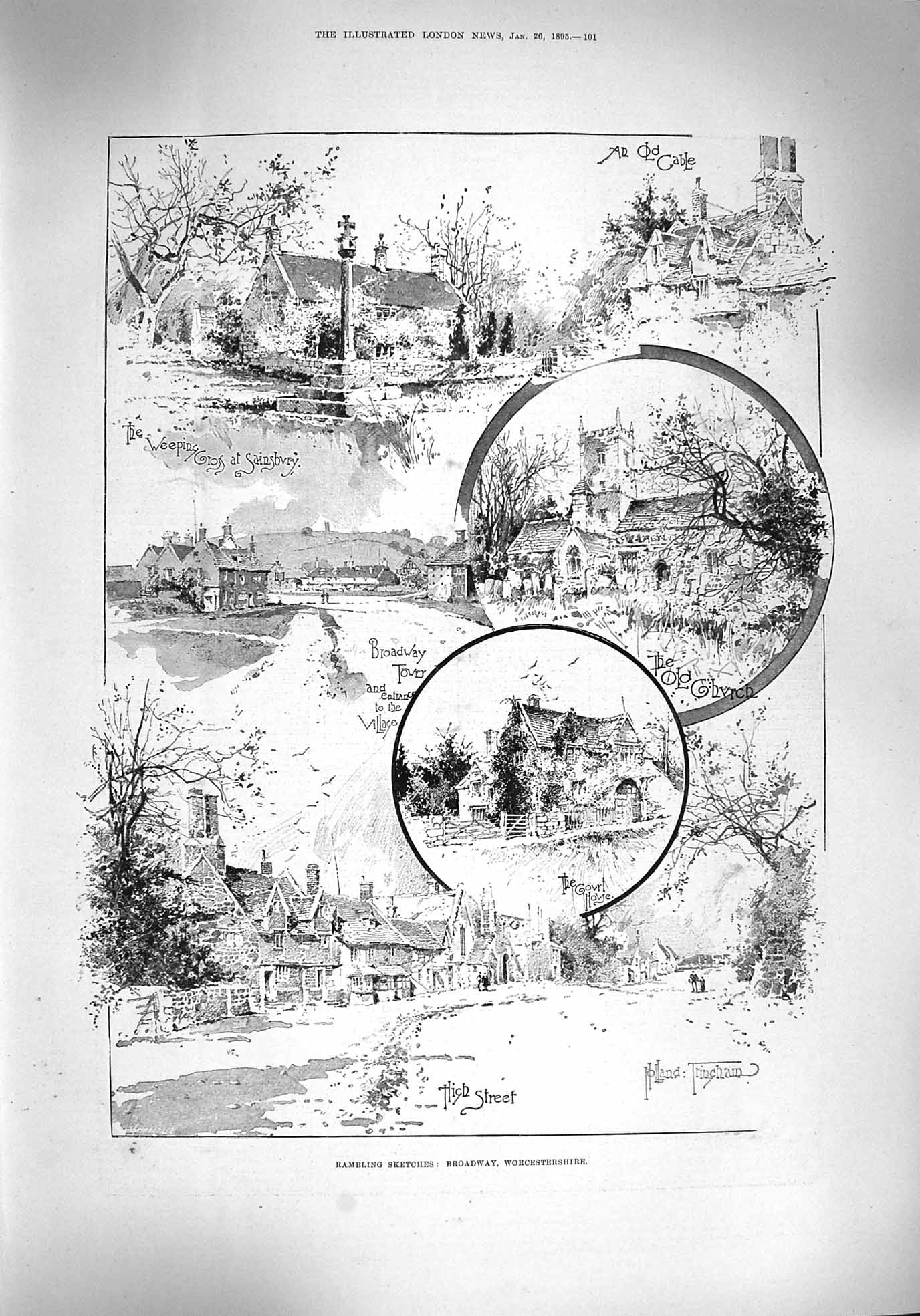Original Old Antique Print 1895 Broadway Worcestershire Church Weeping Cross