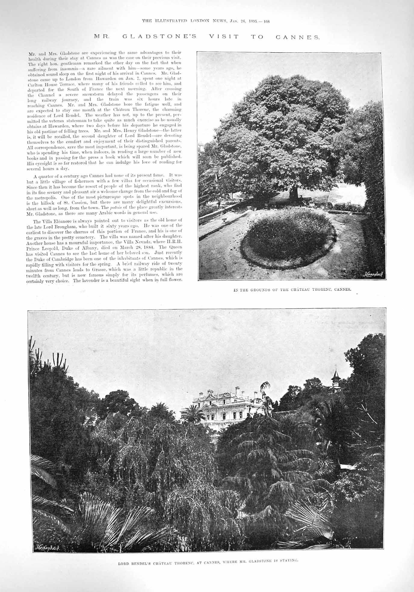 Original Old Antique Print 1895 Gladstone Cannes Chateau Thorenc Rendel France