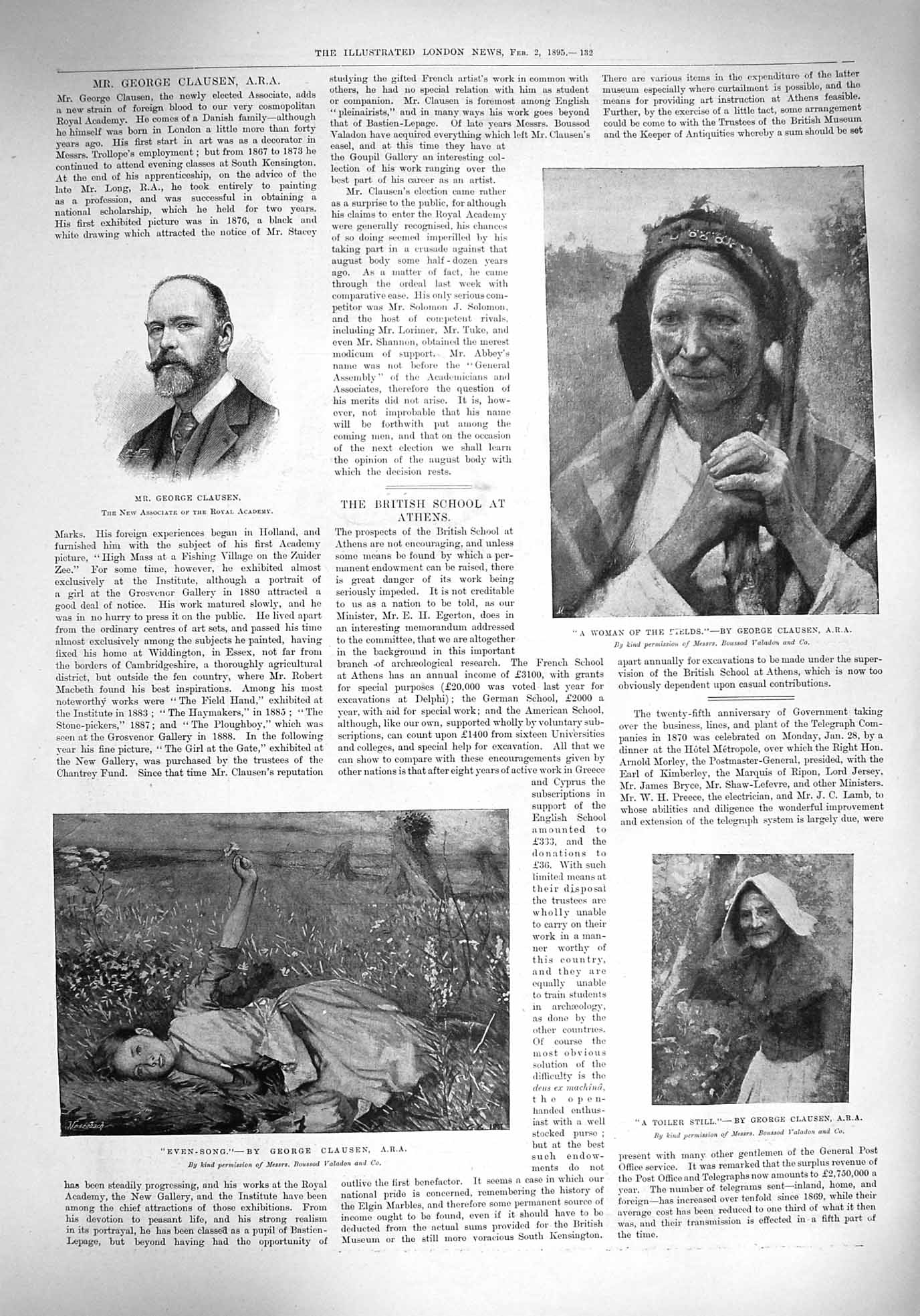 Old Antique Print 1894 Clausen Agriculture Parliament Battersea Hobhouse 19th