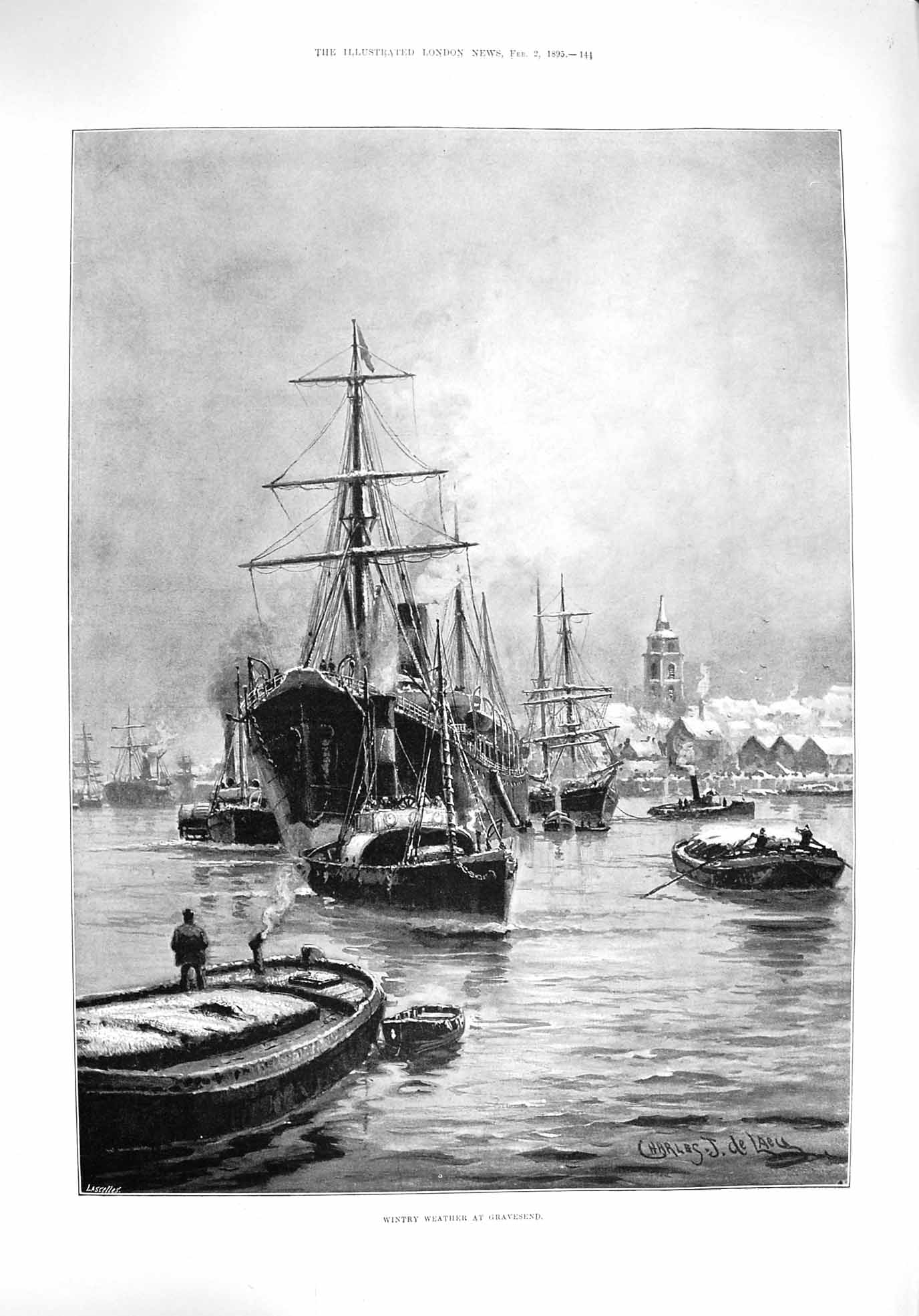 Old Antique Print 1895 Winter Scene Ships Gravesend Hansel Gretel Theatre 19th