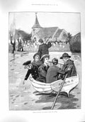 Original Old Antique Print 1895 River Floods Sunday Church Boat River Victorian