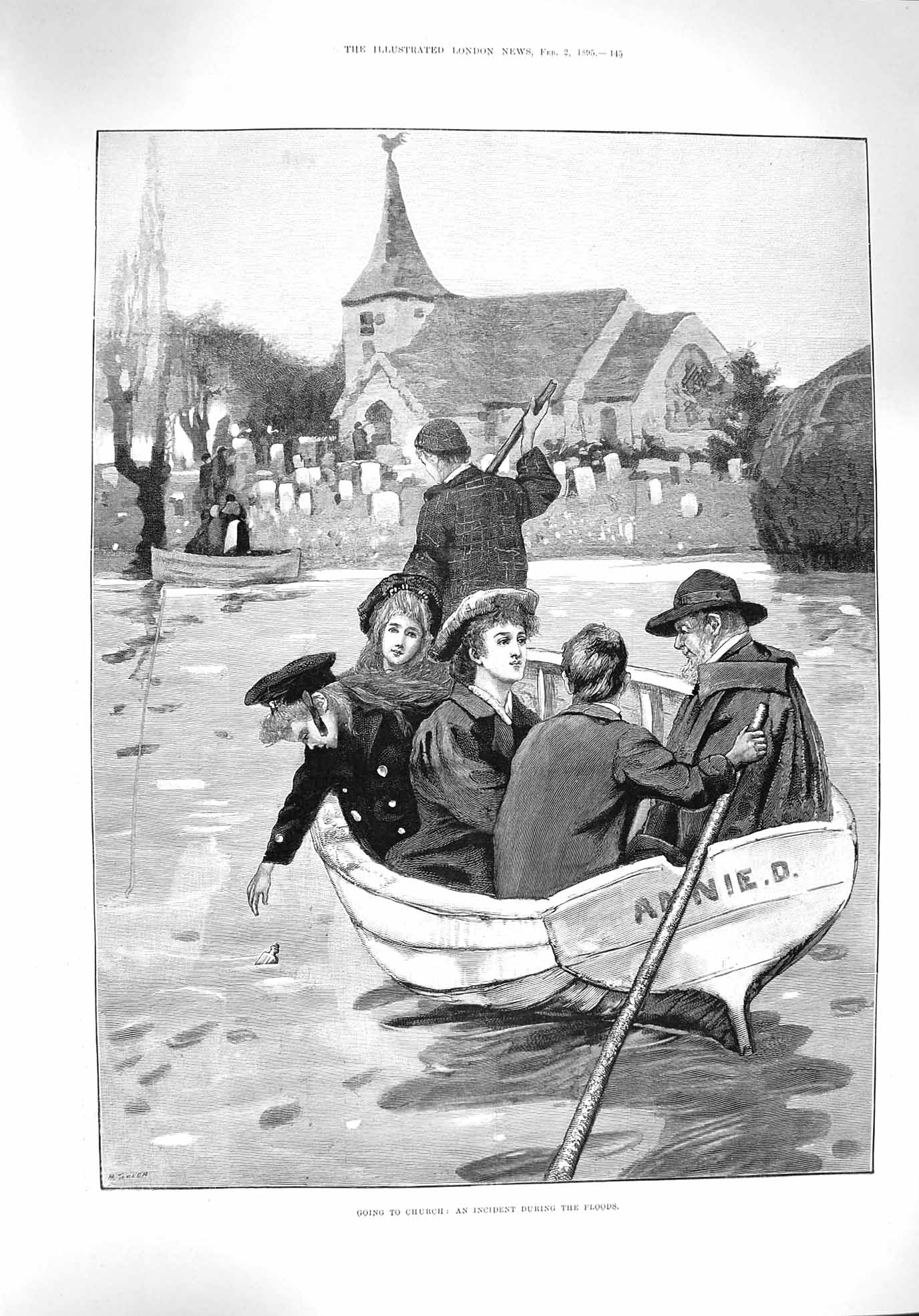 Original Old Antique Print 1895 River Floods Sunday Church Boat River Victorian