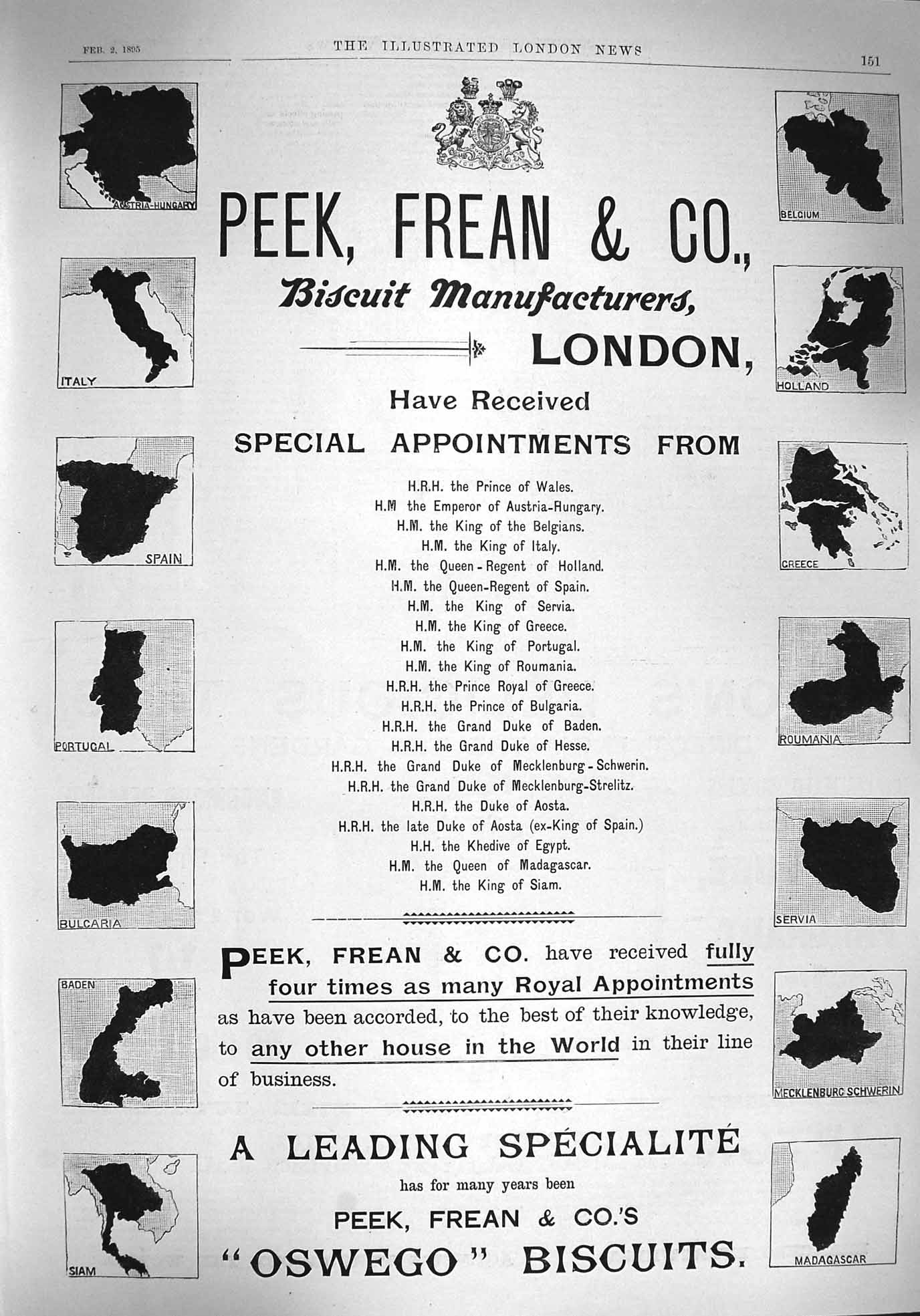 Original Old Antique Print 1895 Advertisement Peek Frean Biscuit Manuf Victorian