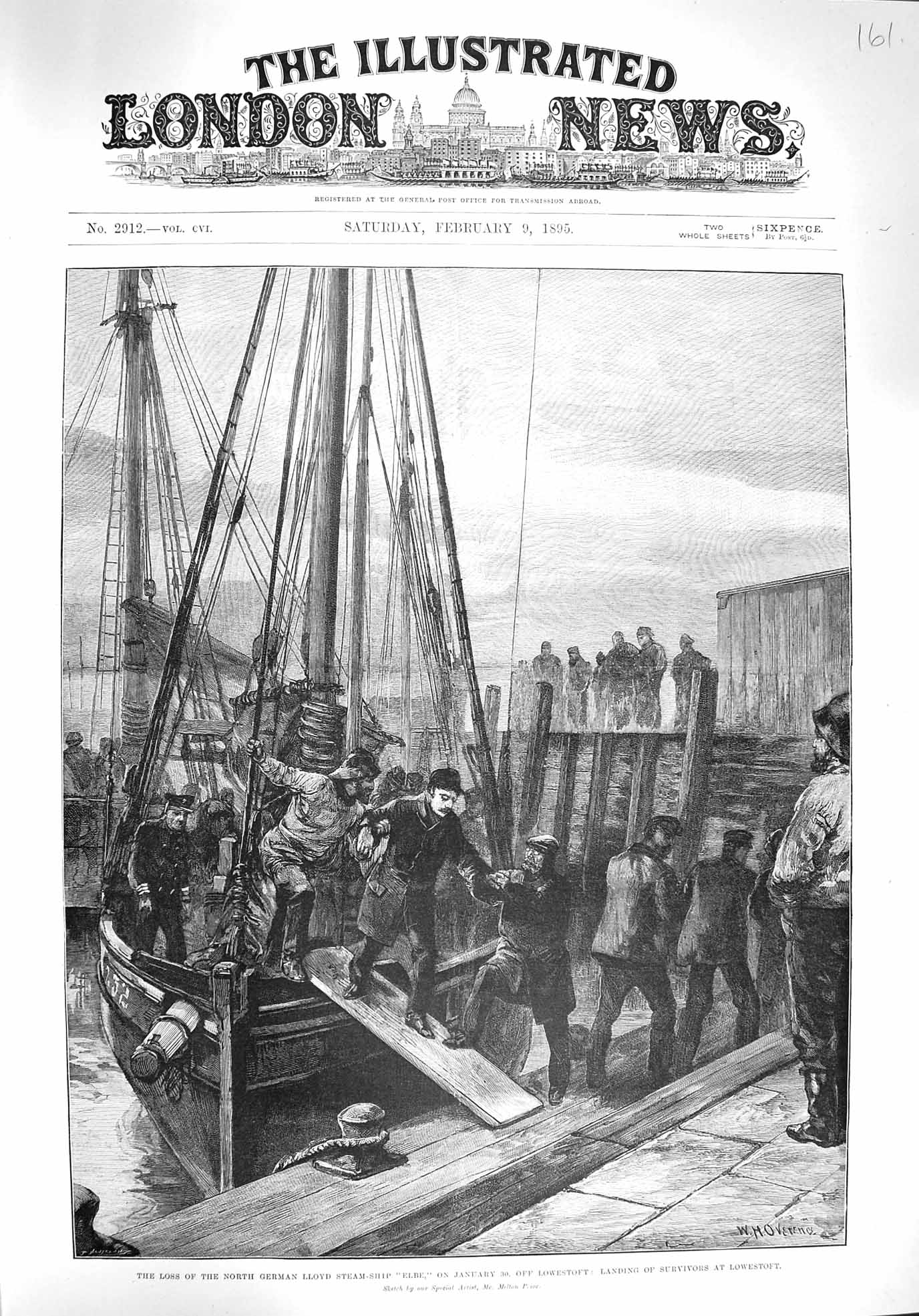 Original Old Antique Print 1895 German Lloyd Steam Ship Elbe Survivors Lo 19th