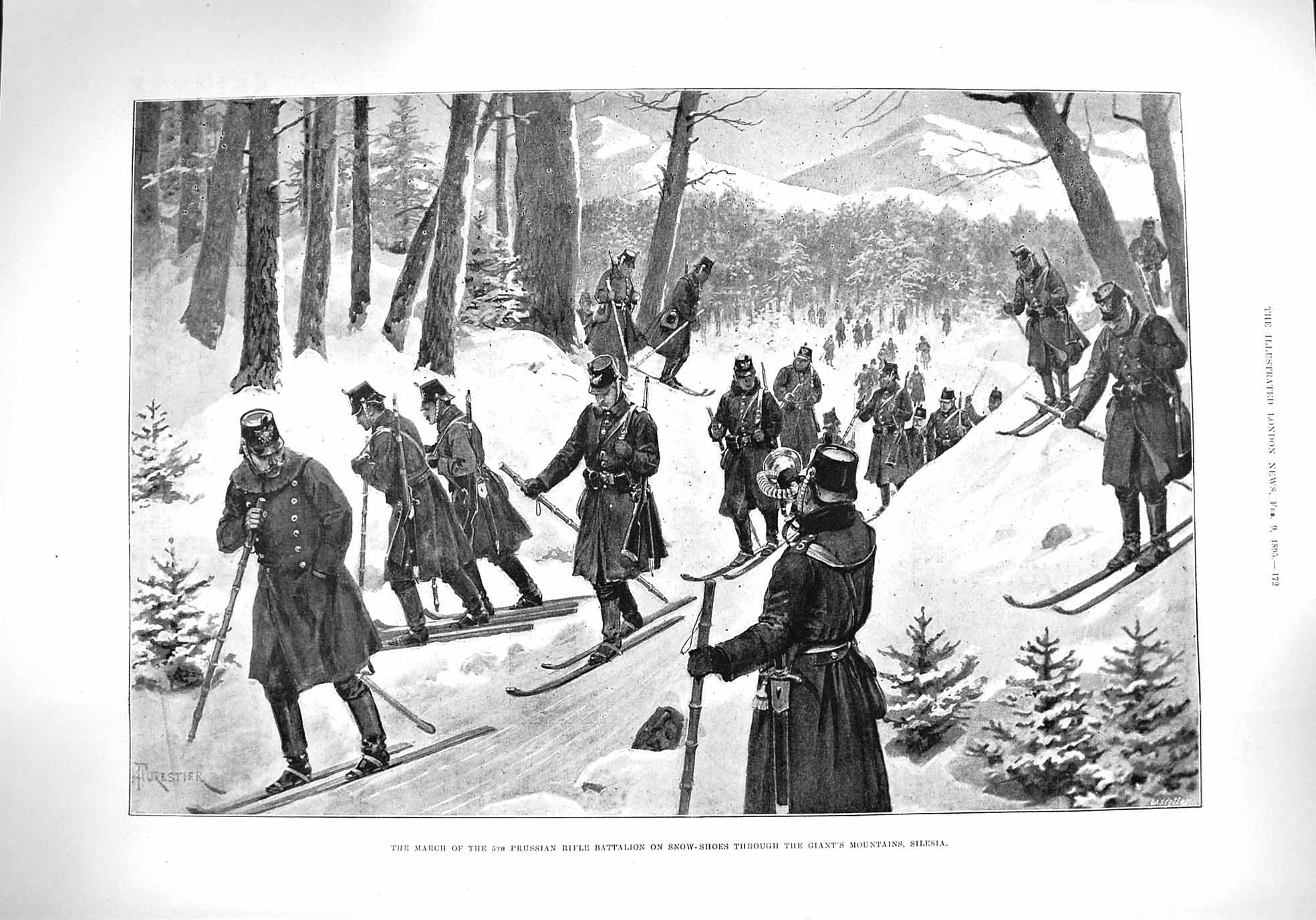 Original Old Antique Print 1895 Prussian Rifle Battalion Snow-Shoes War Silesia