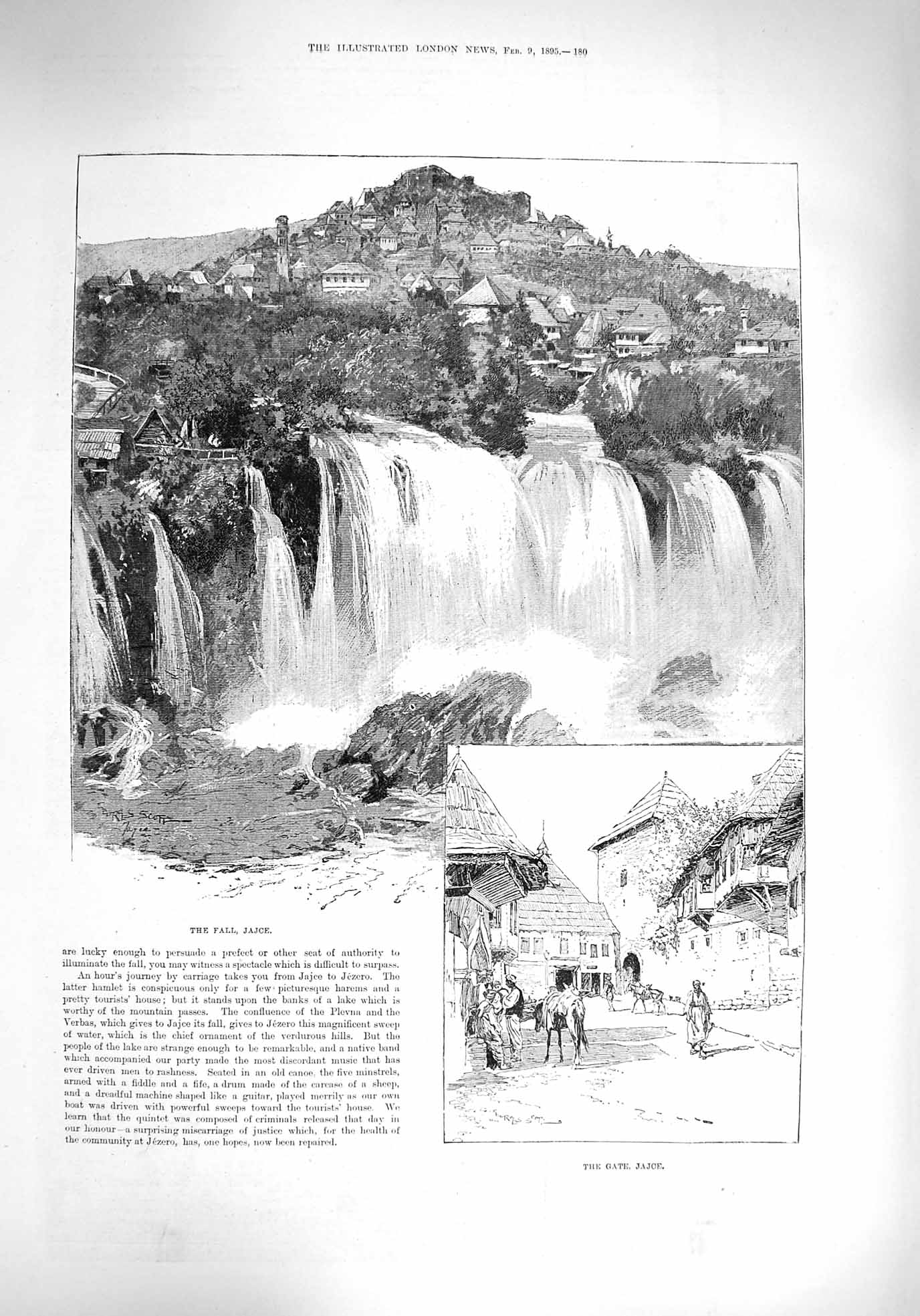 Old Antique Print 1894 Gate River Falls Jajce Lake Jezero Madame Kallay 19th